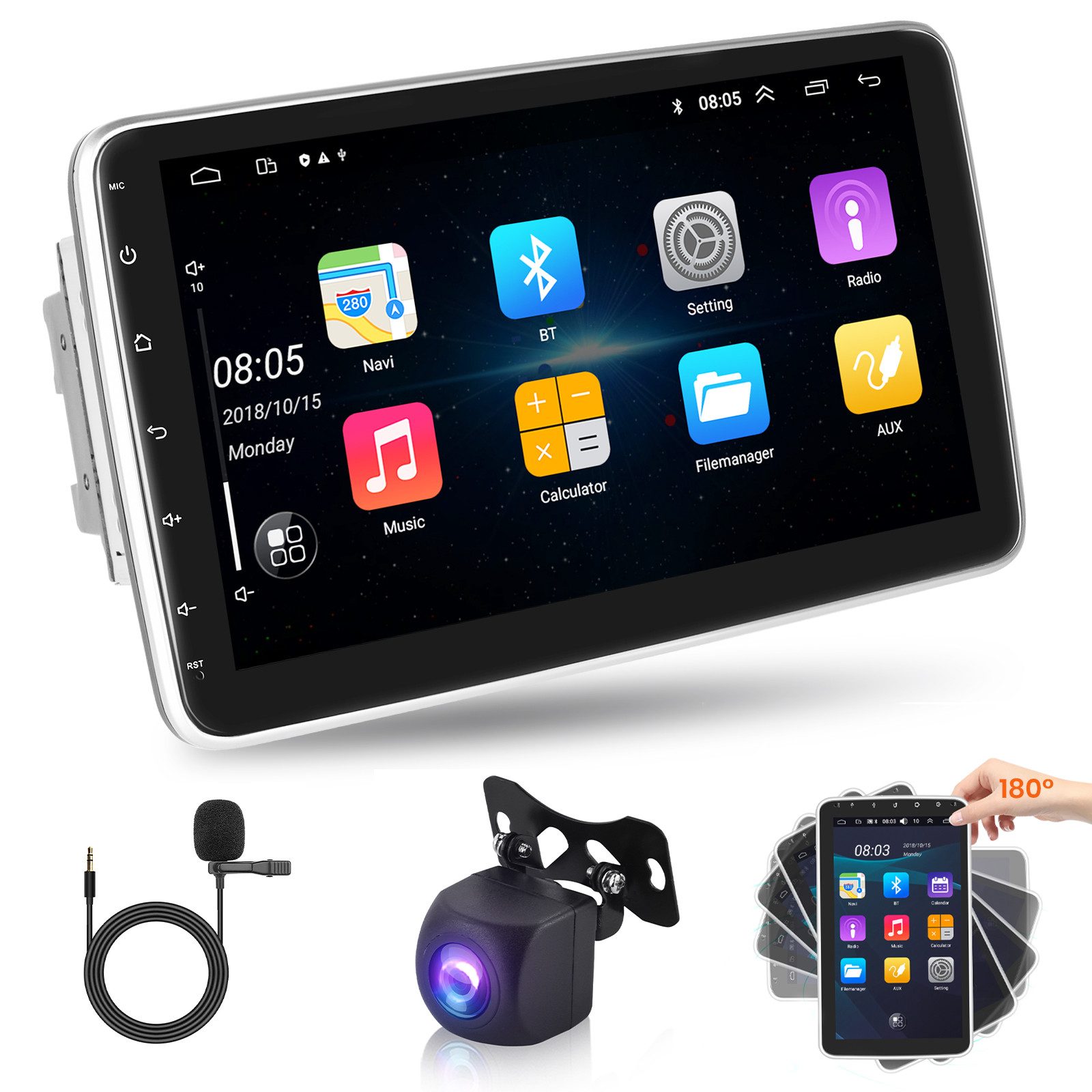 Hikity Android 2Din GPS 10 Zoll 180° drehbarer Bildschirm mit Rückfahrkamera Autoradio (Spiegelverbindung Bluetooth WIFI GPS FM, 2,5D gehärtetes Glas)