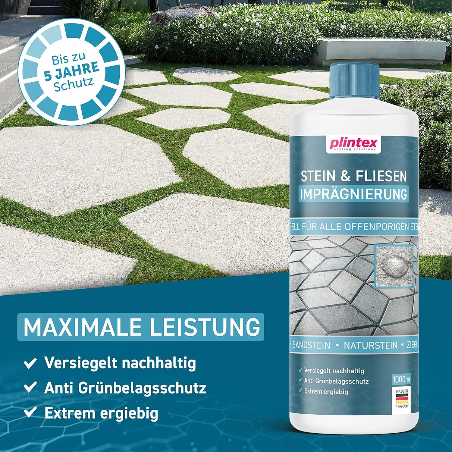Plintex Steinimprägnierung Außen & Innen I universell anwendbare Naturstein-Imprägnierung, Naturstein, Steinplatten, Pflasterstein I Steinversiegelung