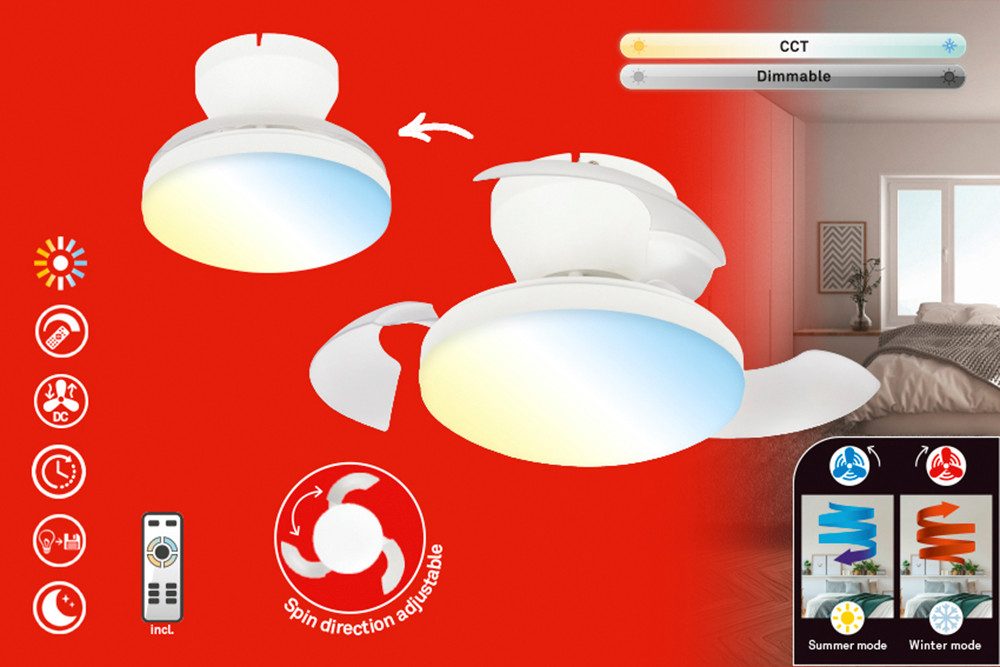 Briloner Leuchten LED Deckenleuchte RAVAN Deckenventilator, CCT - über Fernbedienung, LED fest integriert, 44x16,5 cm, Schlafzimmer, Wohnzimmer, Esszimmer, Flur, Küche