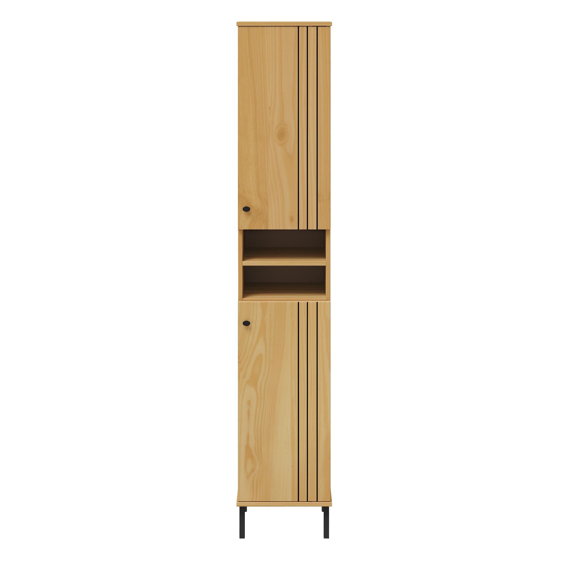 Woodroom Hochschrank Sevilla (aus massiver Kiefer lackiert, elegante Eiche-Optik, viel Stauraum auf kleiner Fläche, Holzschrank für Badezimmer, 2-türig) Badschrank & Regal (lackiert, modern)