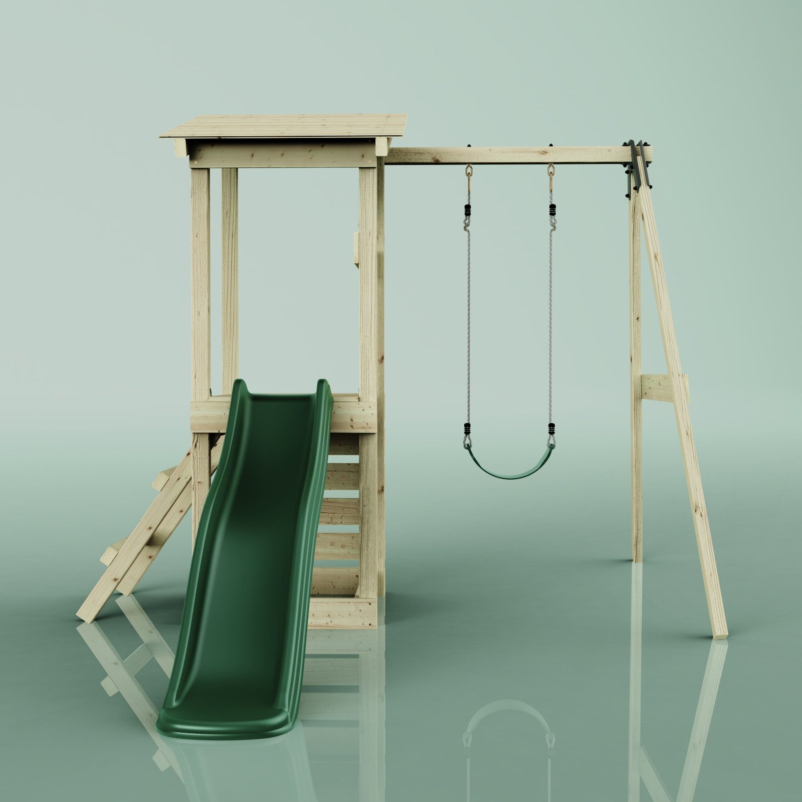 OutdoorToys Spielturm Lyon, aus Holz in Grün mit Kinderschaukel & Rutsche, Kletterwand