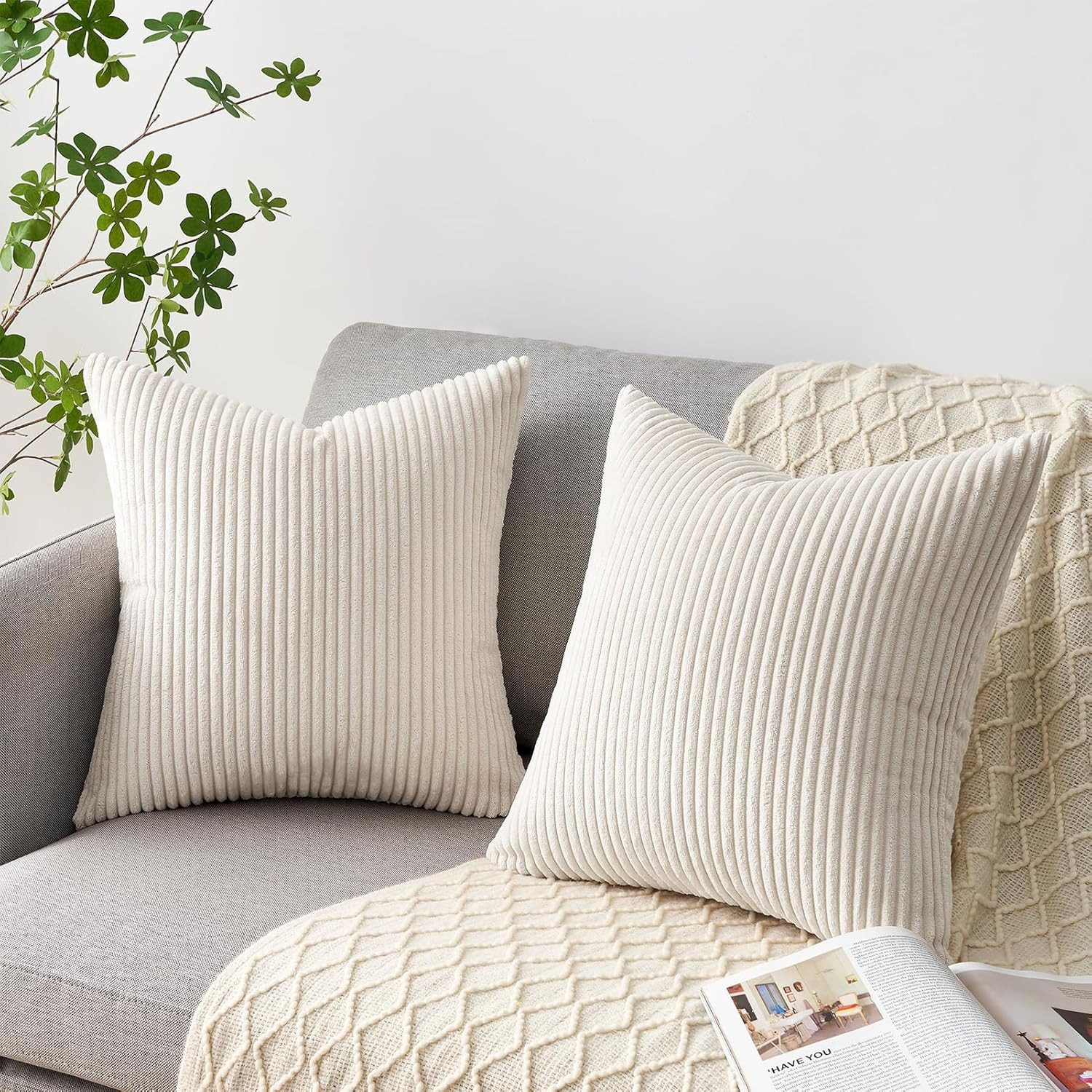 Topfinel Kissenbezüge 4er Set Kordsamt, flauschig Farbverlauf, Gestreift, sofa kissen beige dekokissenbezug 60x60cm kissenbezug kuschelig