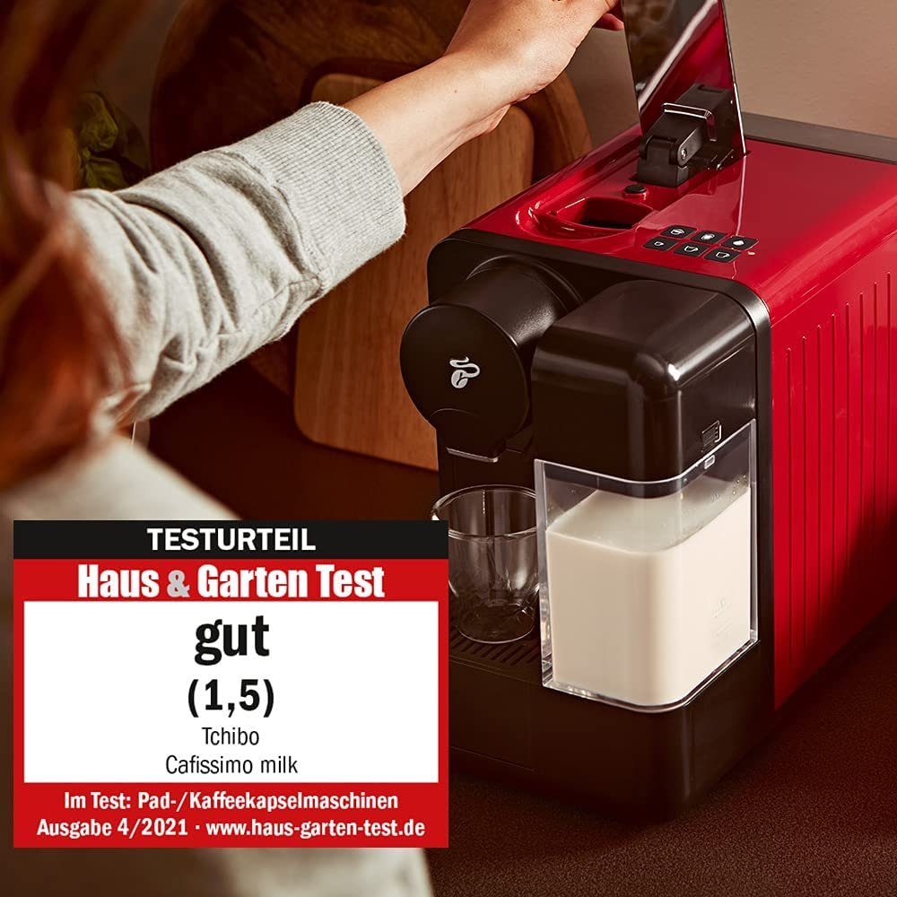 Tchibo Kapsel-/Kaffeepadmaschine Cafissimo inkl. rot 3 1,2L Kapseln "milk" Kapselmaschine in integriertem mit Sorten Milchsystem, 3