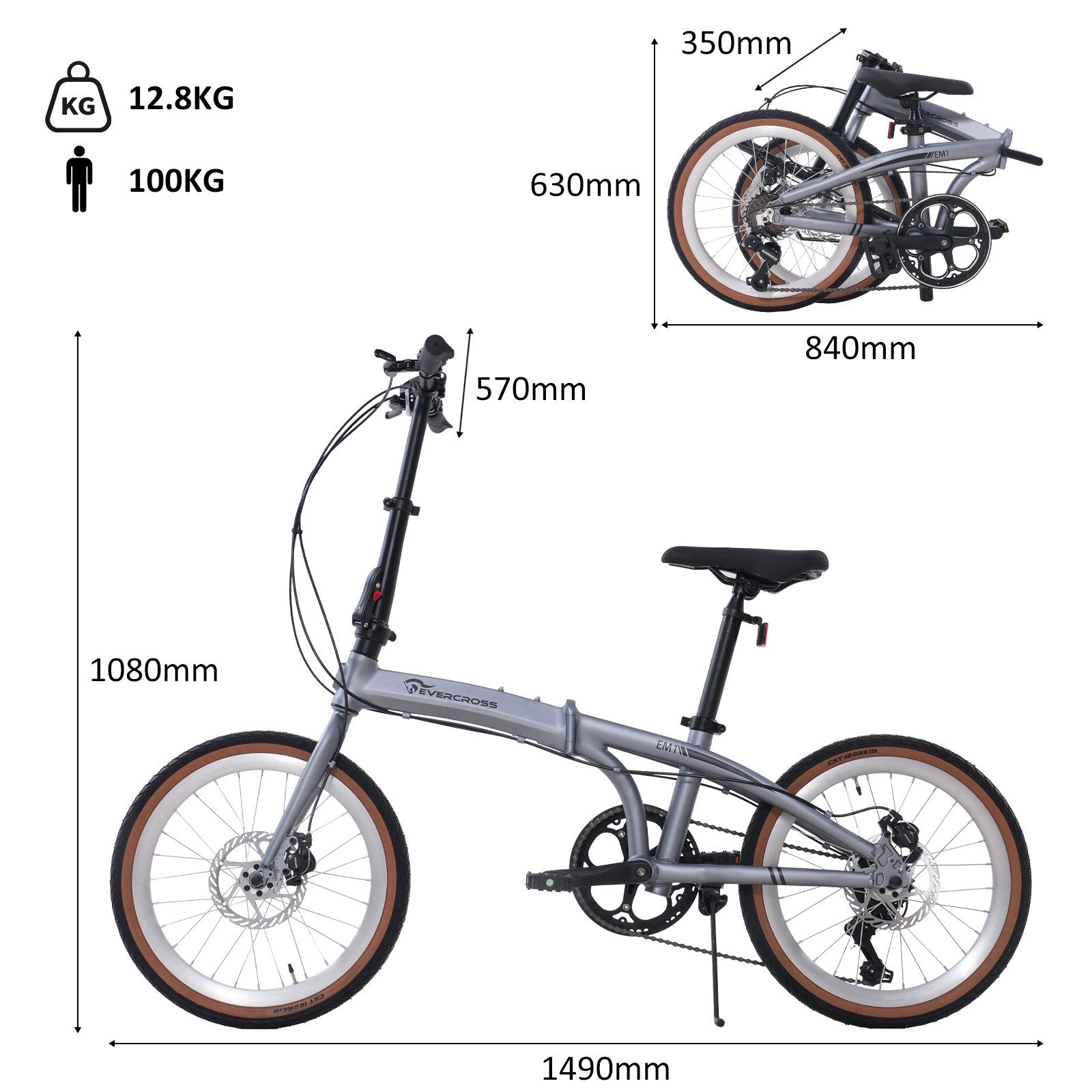 EVERCROSS TECH Faltrad EM1 20 Zoll, sekundenschnell faltbares Fahrrad, Aluminiumrahmen, 7 Gang, 7 Gang, Scheibenbremse, Max 100 kg Klapprad für Damen & Herren