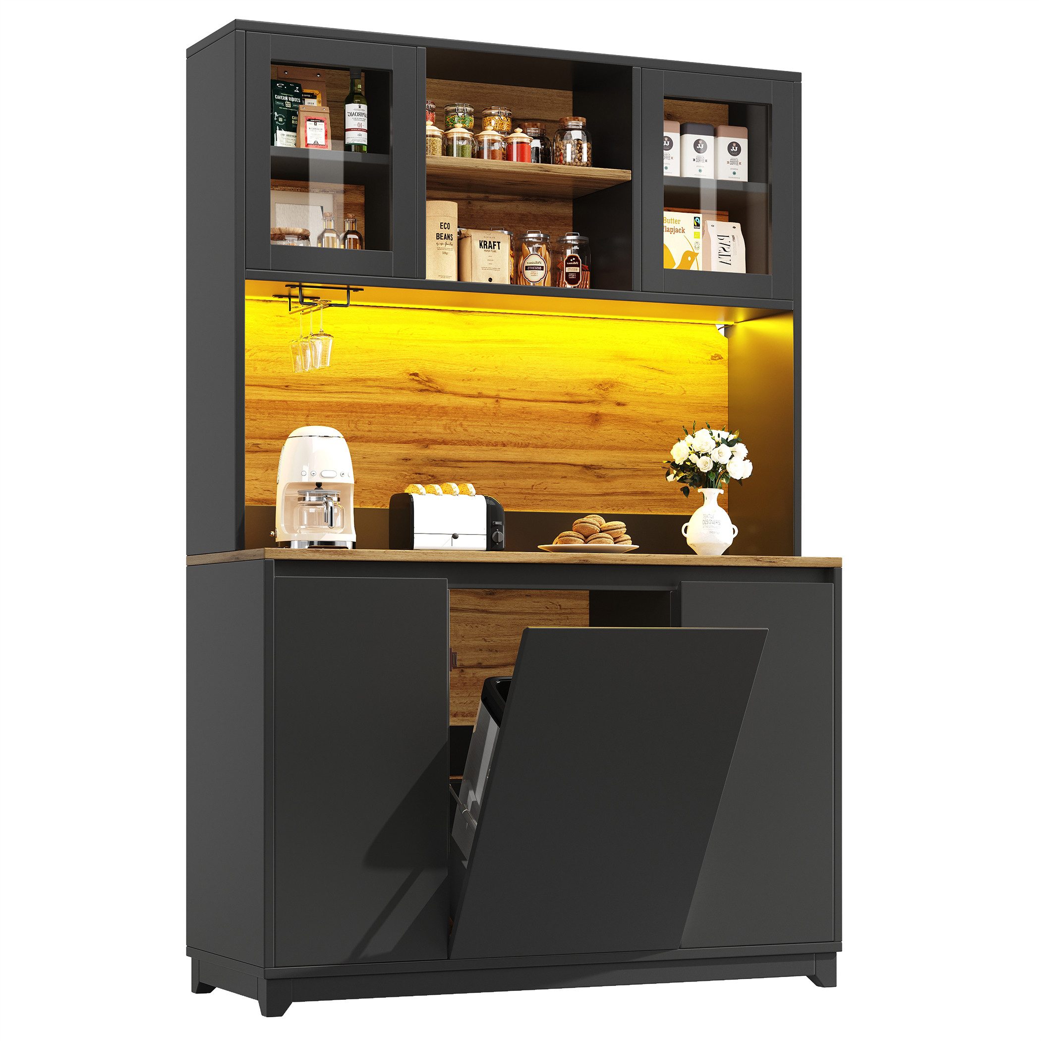 SeedWave Buffet LED Allzweckschrank, Tischplatte in Holzoptik, Mülleimerfach, Stauraum Griffloses Küchenbuffet inkl. Glashalter, verstellbare Einlegeböden