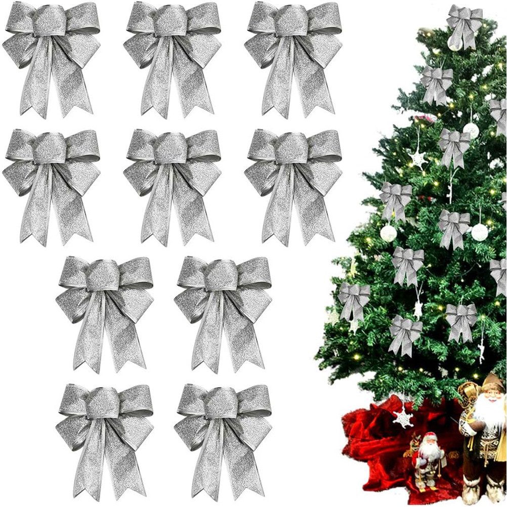Coonoor Weihnachtsbaumschleife Glitzernde Weihnachts-Schleifenband, 18x23 cm (10-tlg), für Weihnachtsbaum, Geschenke & Party-Deko