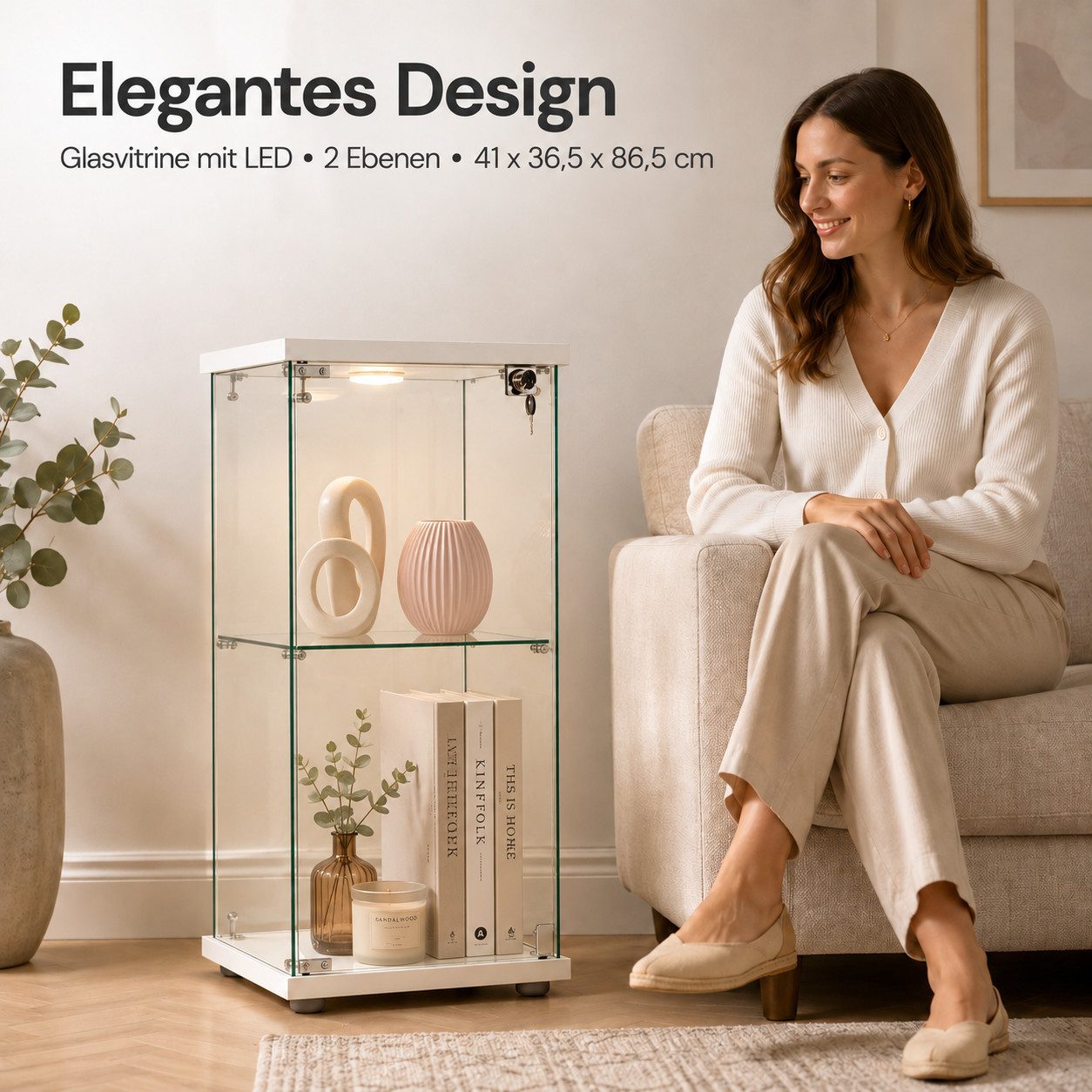 Simurq Glasvitrine Standvitrine mit LED und 1 Glastüren, 2 Lagen Glas Vitrinenschrank (Standvitrine aus Gehärtetes Glas und Holz, Glasschrank mit 1 Türen,Schlos – Bild 2 von 5
