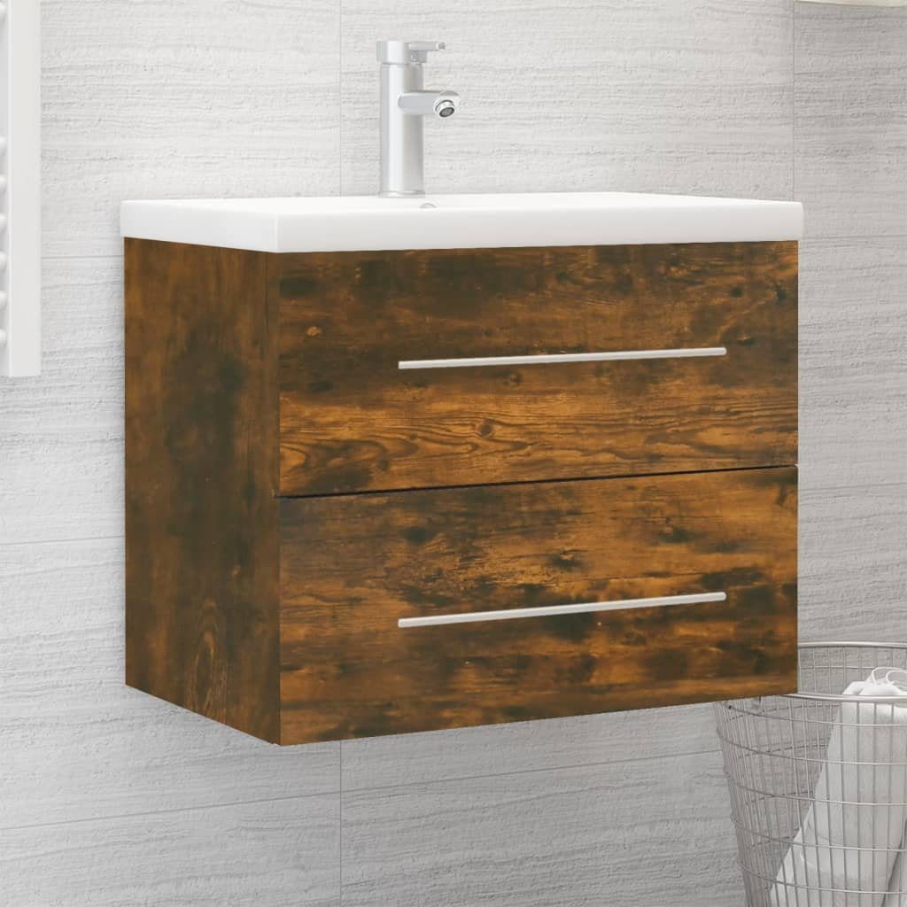 vidaXL Badezimmerspiegelschrank Waschbeckenschrank mit (1-St) Räuchereiche Einbaubecken Holzwerkstoff