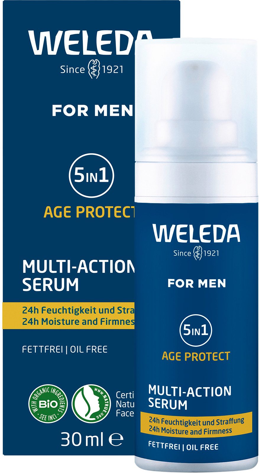 WELEDA Gesichtsserum FOR MEN 5IN1 MULTI-ACTION SERUM, für 24h Feuchtigkeit, mindert Falten & strafft, fettfrei
