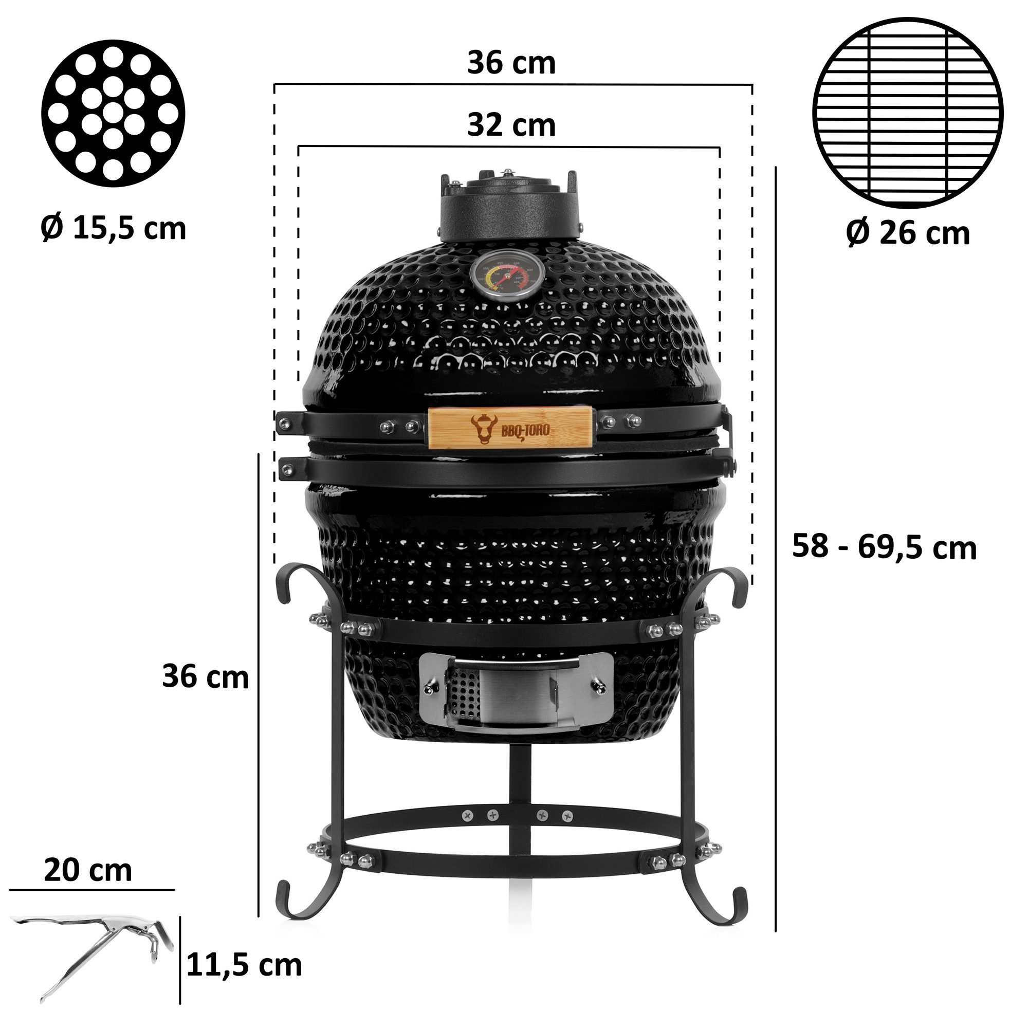 BBQ-Toro Keramikgrill Kamado Holzkohlegrill Ø 32 cm "HAIIRO" mit Grillrost und Thermometer