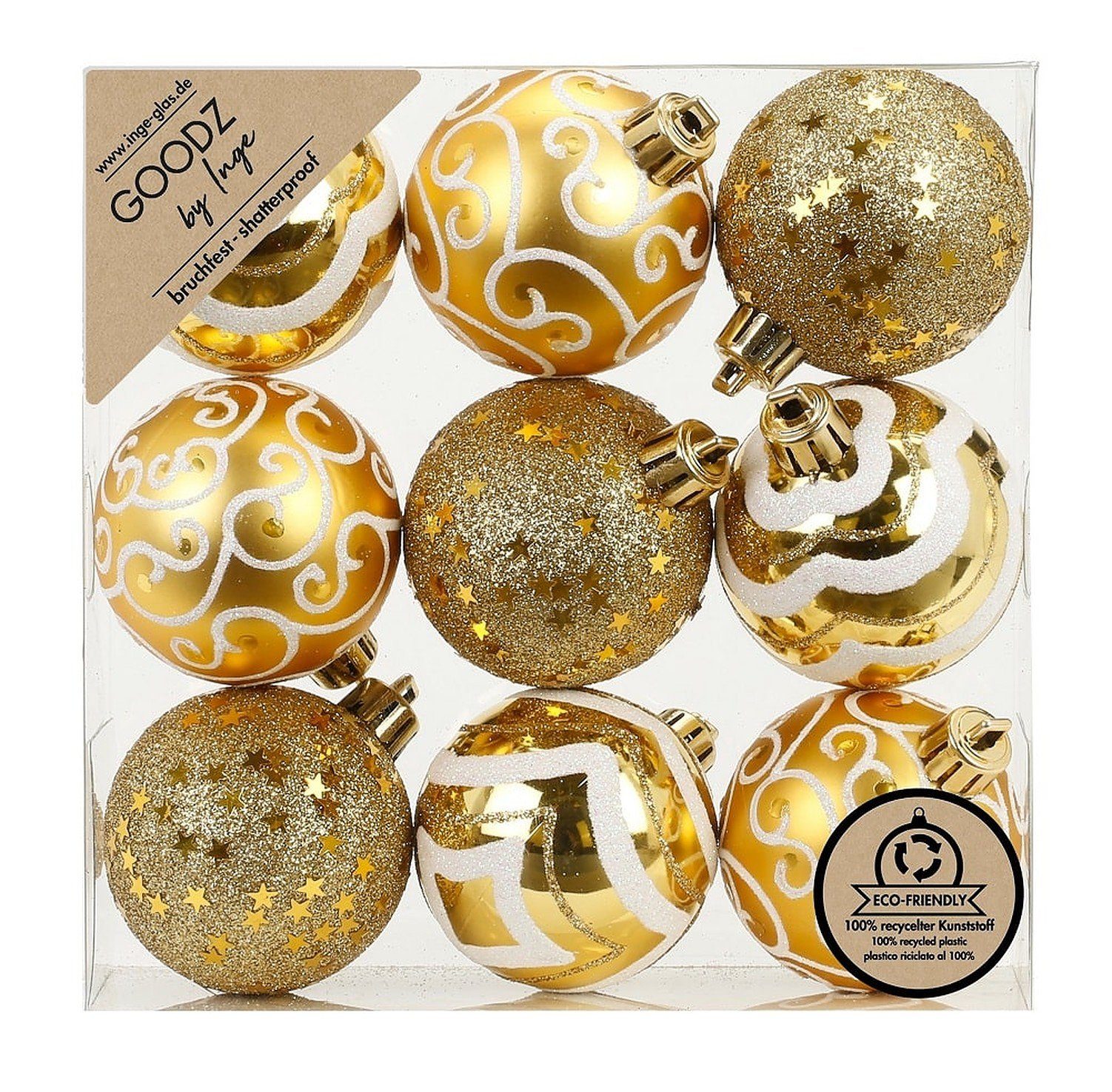 INGE-GLAS® Christbaumschmuck Inge's Weihnachtskugeln 9 Stück 6 cm Gold, Kunststoff, bruchfest, Baumdekoration, Baumschmuck, Weihnachtsdekoration