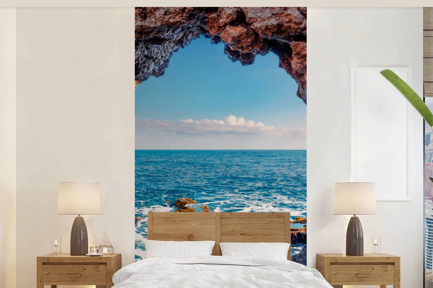 - MuchoWow Fototapete Höhle St), bedruckt, Schlafzimmer für Küche, Vliestapete Matt, Fototapete Felsen Meer - Wohnzimmer (2 Natur, -