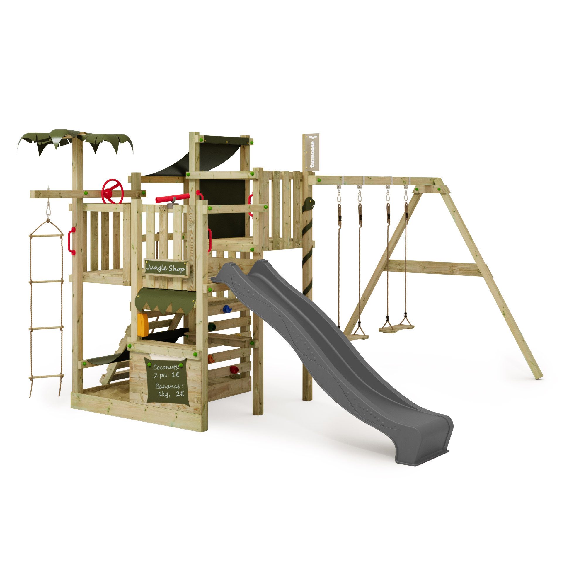 FATMOOSE Klettergerüst CrazyCoconut - Strandhaus mit Wellenrutsche, Schaukel & Sandkasten, (Tropisches Spielhaus mit Sonnendach, Ladentheke & Hängematte, für fantasievolle Abenteurer), extrem witterungsbeständig mit 10 Jahren Garantie*