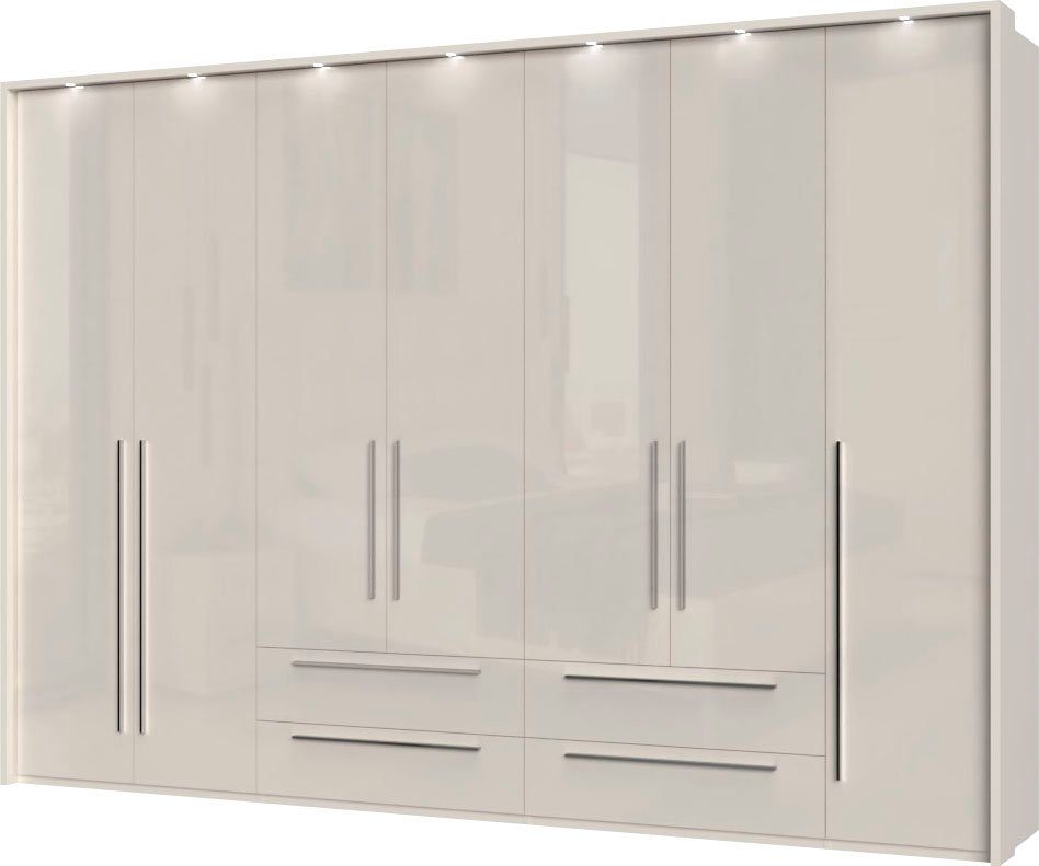 Places of Style Drehtürenschrank Piano, inklusive Rahmen und Beleuchtung, soft-close-Funktion (277 oder 322cm breit, 226cm hoch, mit 4 Schubladen) UV lackiert, hochglänzend weiß oder beige, FSC-zertifiziert
