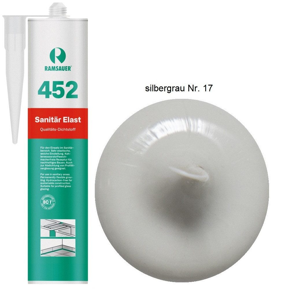 Ramsauer Dichtstoff Ramsauer 452 Sanitär Elast Silikon 310ml Kartusche Silbergrau Nr. 17, gebrauchsfertig, Gute Haftung auf glatten Oberflächen, Innen und Aussen