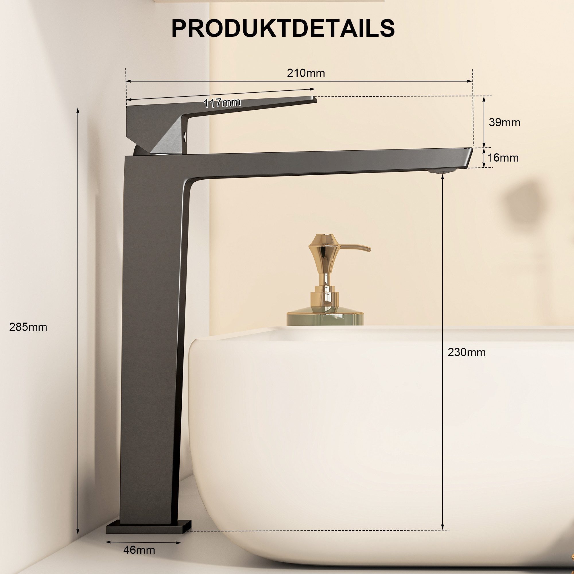radelldar Waschtischarmatur Wasserhahn Bad & Bleifreie Edelstahl-Armatur – Rostfrei & Anti-Spritz (1-St) Einhebelmischer für Aufsatzwaschbecken, 285mm hoch