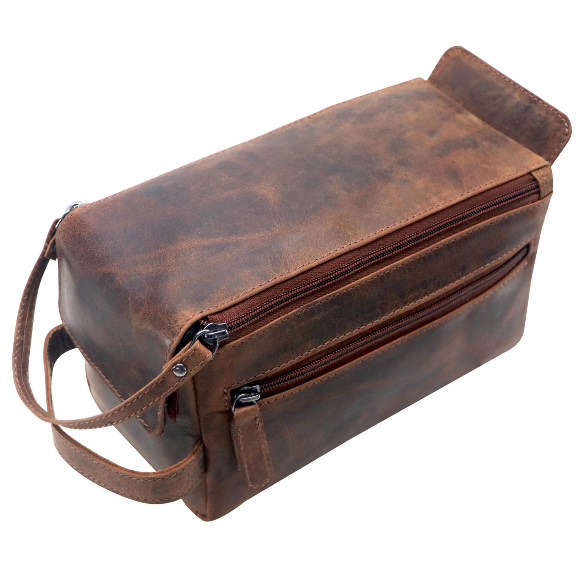 GREENWOOD Kulturbeutel Echtleder Kulturtasche Premium Kosmetikbeutel groß, Handgefertigte Waschtasche aus Rindleder