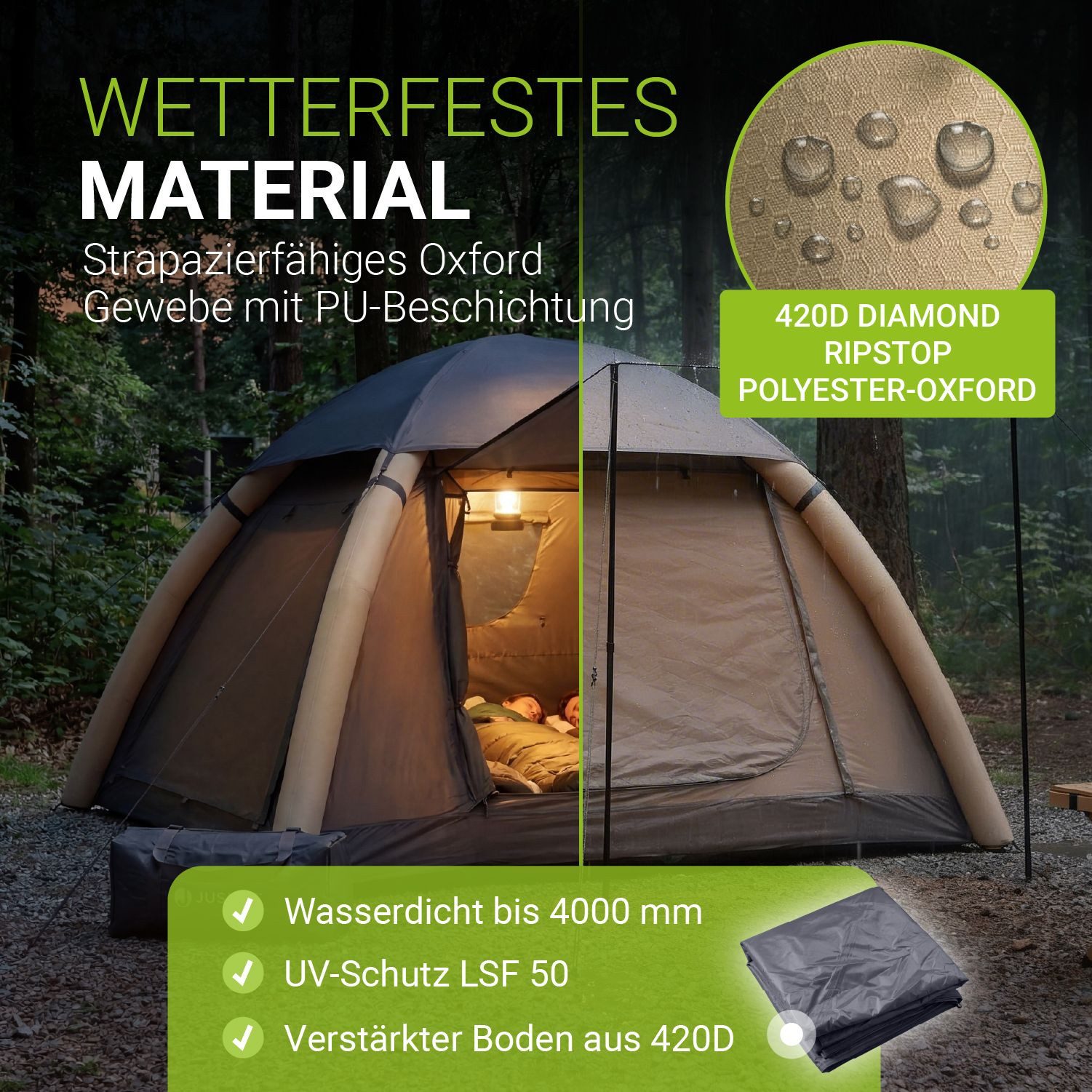 Juskys aufblasbares Zelt EasyFlow, Für 1-3 Personen, inkl. Multifunktionslampe und Luftpumpe