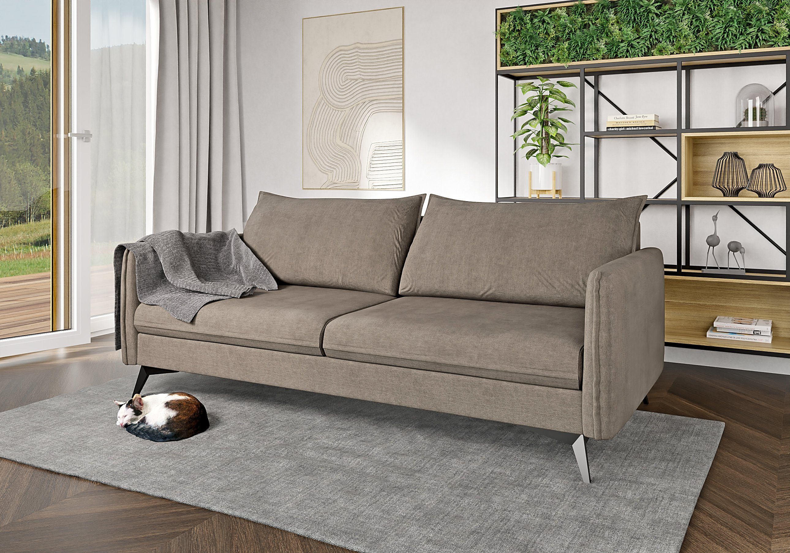 S-Style Möbel 3-Sitzer Modernes Sofa Azalea mit Schwarz Metall Füßen, mit Wellenfederung Dunkelbeige
