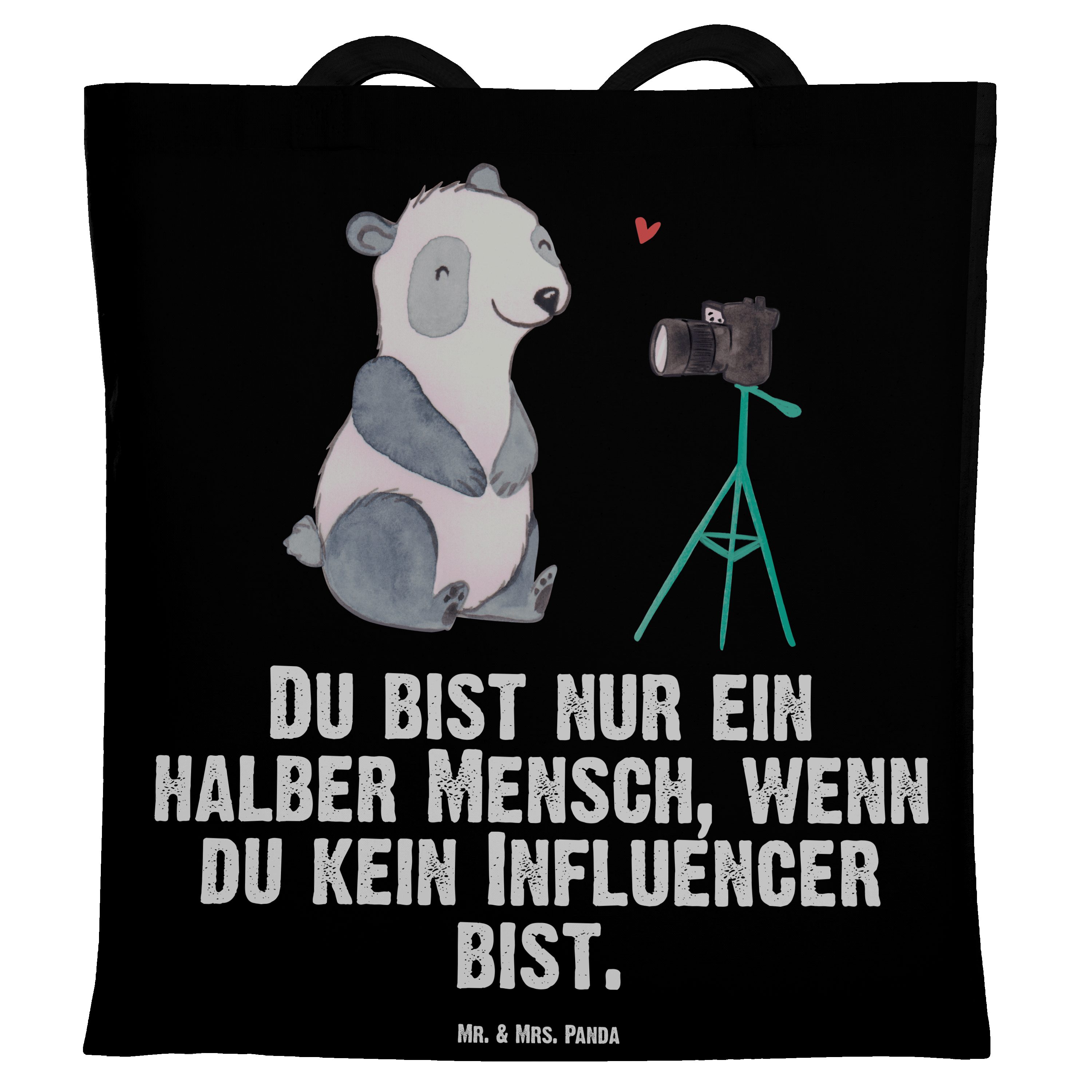 Mr. & Mrs. Panda Tragetasche Influencer mit Herz - Schwarz - Geschenk, Arbeitskollege, Einkaufstas (1-tlg)