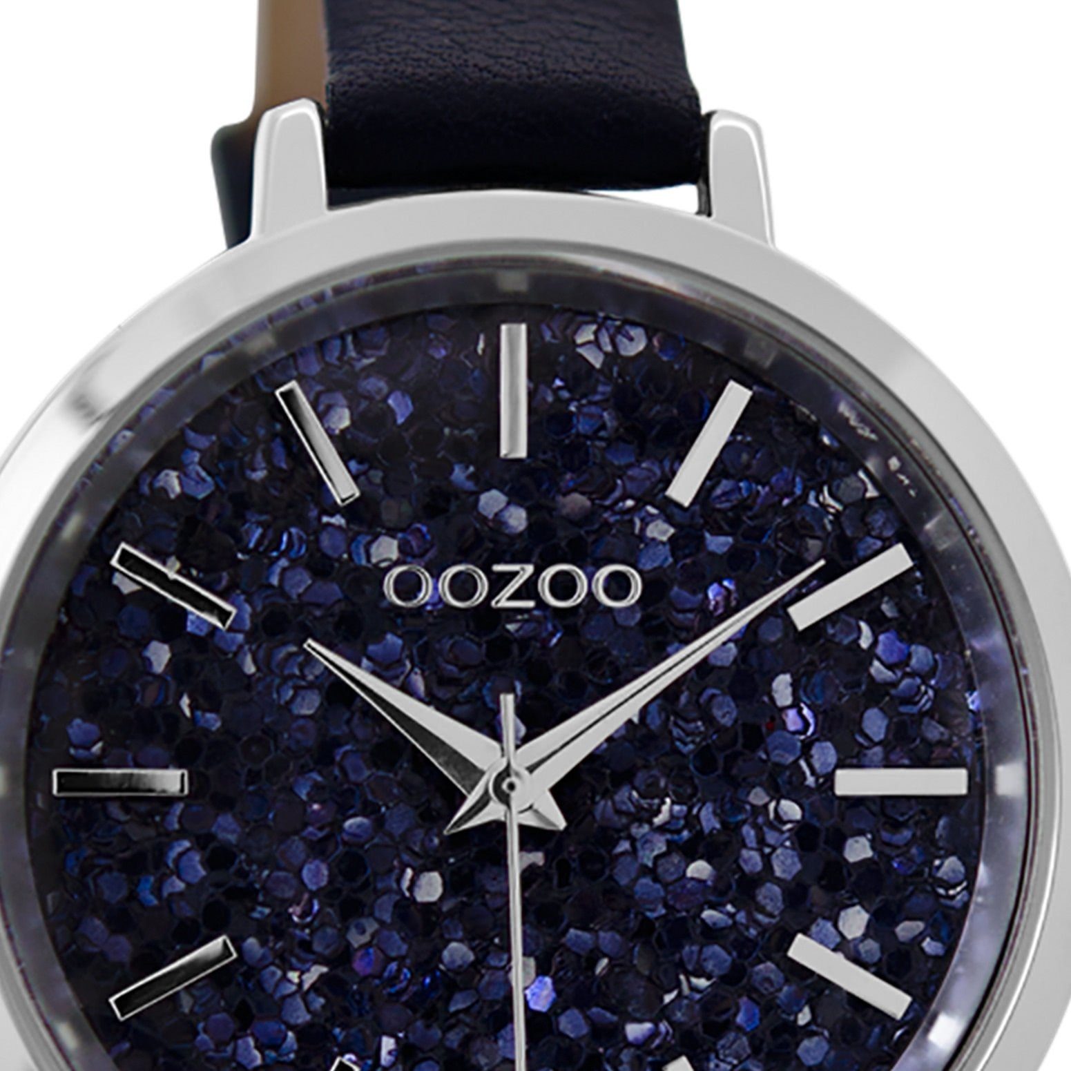 (ca. Lederarmband, Armbanduhr OOZOO Damenuhr mittel Oozoo 38mm) rund, blau, Quarzuhr Damen Fashion-Style
