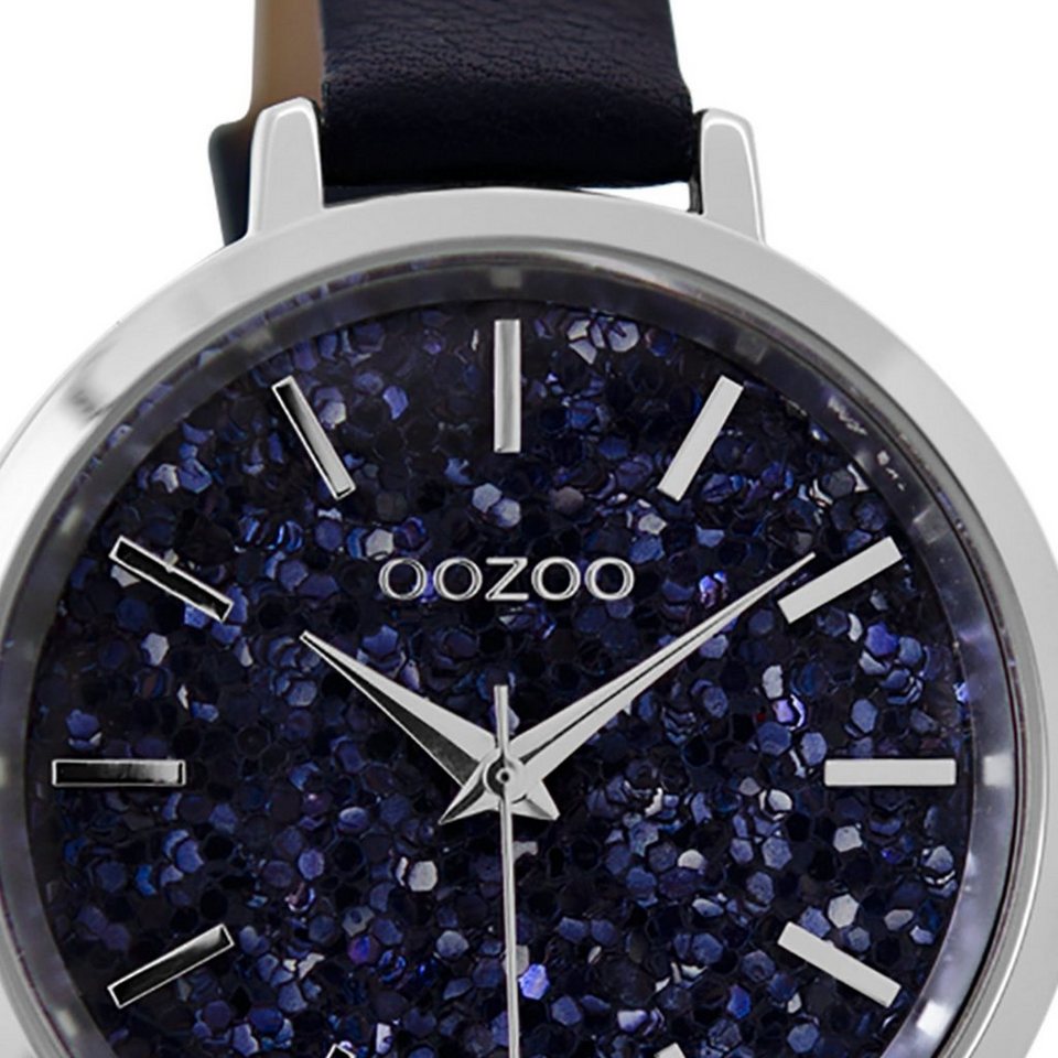 OOZOO Quarzuhr Oozoo Damen Armbanduhr blau, Damenuhr rund, mittel (ca.  38mm) Lederarmband, Fashion-Style