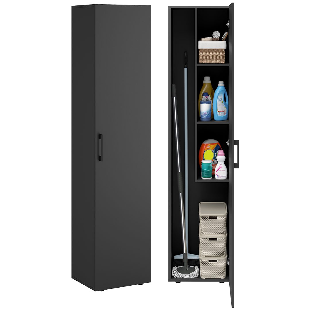 Bellamio Mehrzweckschrank Apol, Hochschrank aus Holz, Aufbewahrungsschrank (Schwarz) Besenschrank mit 3 Fächern, inkl. Staubsaugerfach, robust & kratzfest