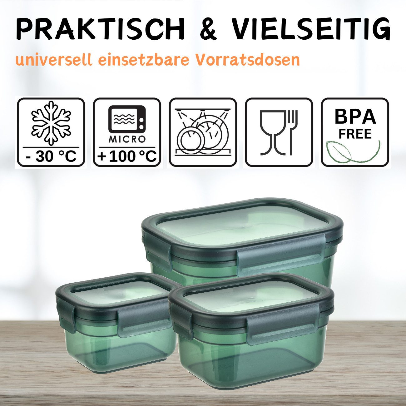 Engelland Frischhaltedose 3er Set Aufbewahrungsdosen mit Deckel, Vorratsdose, Frischhaltedose, Kunststoff/Silikon, (Vorteils-Set, 3-tlg., 0,4 L / 0,8 L / 1,5 L) – Bild 5 von 5