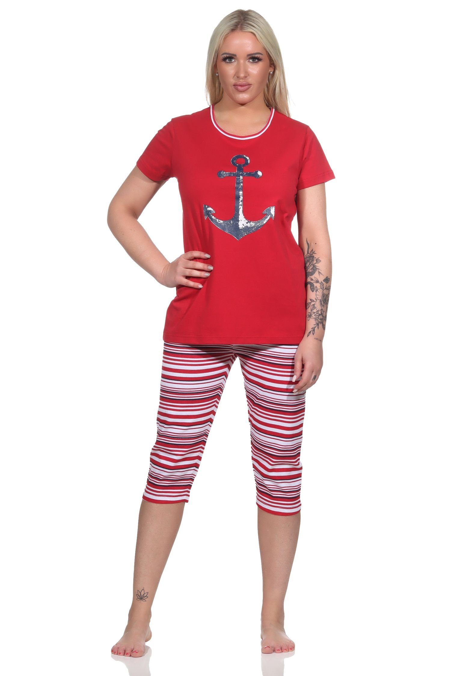 Normann Pyjama Damen Capri Schlafanzug kurzarm Pyjama mit Anker-Motiv und Ringeln rot