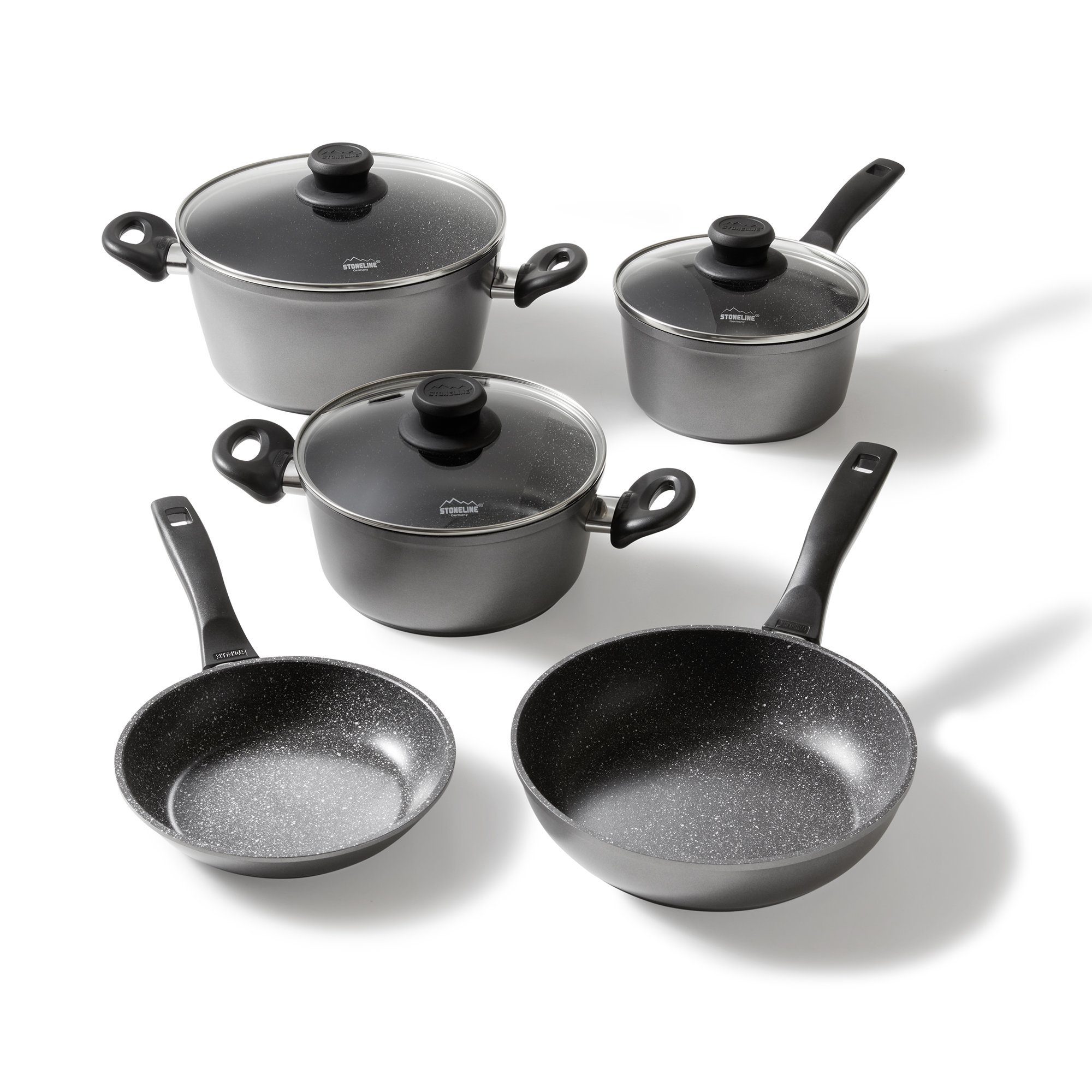 STONELINE Kochbesteck-Set (Kochgeschirr-Set, 8-tlg., Kochgeschirr-Set, 2x Kochtopf, 1x Stielkasserolle, 2x Bratpfanne), mit echten Steinpartikeln, induktionsgeeignet, Designed in Germany Grau