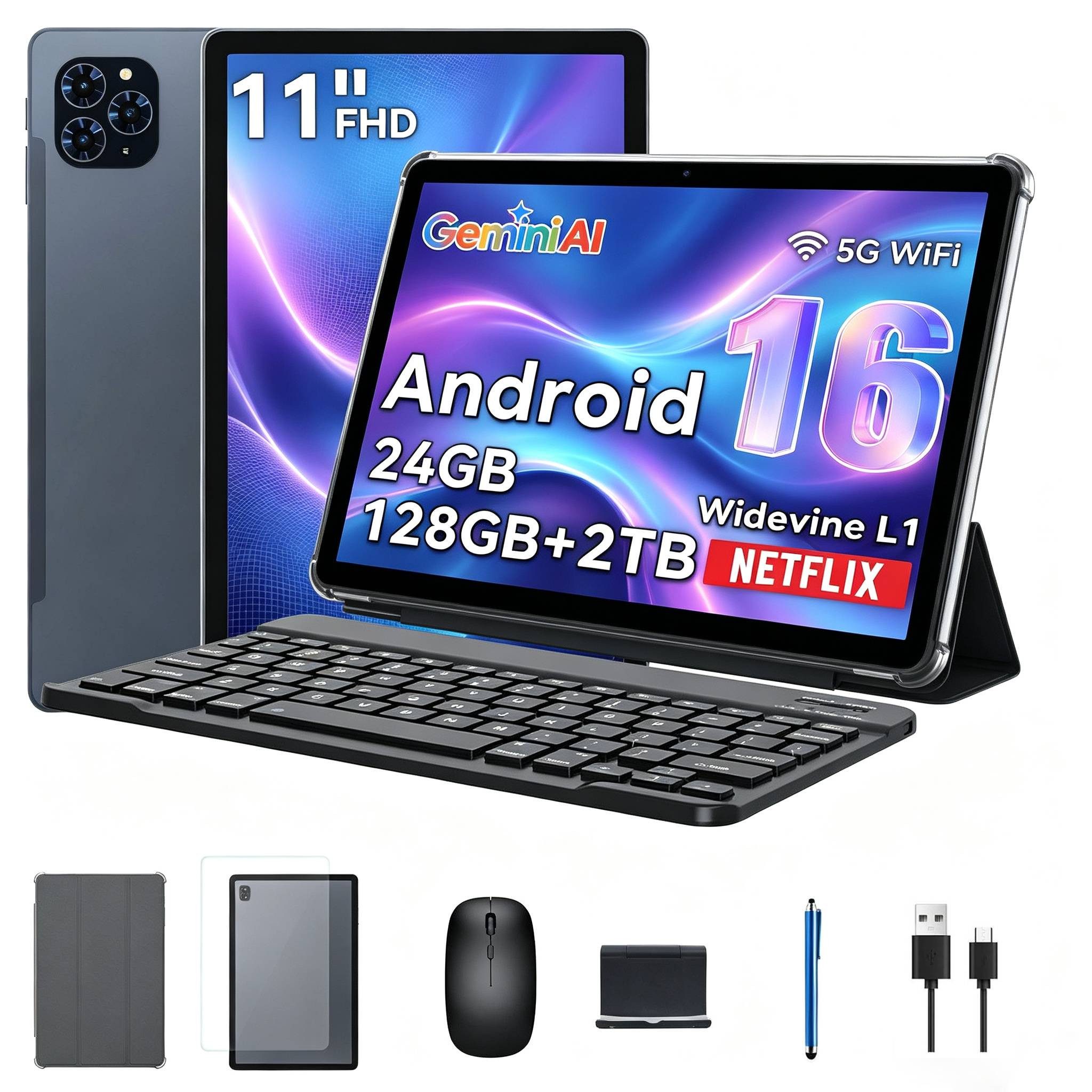 TABWEE T9 11" FHD Android 16 WiFi tablet mit Tastatur/Maus/Hülle Tablet (11", 128 GB, Android16, Android 16, FHD Display, KI-Unterstützung, mit Zubehör)