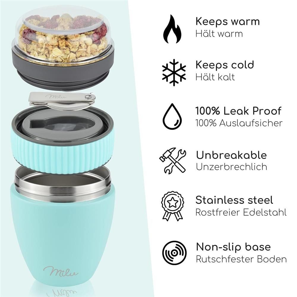 Milu Müslibox Müslibecher To Go Edelstahl 400 ml, isoliert, auslaufsicher, Müslimax Set