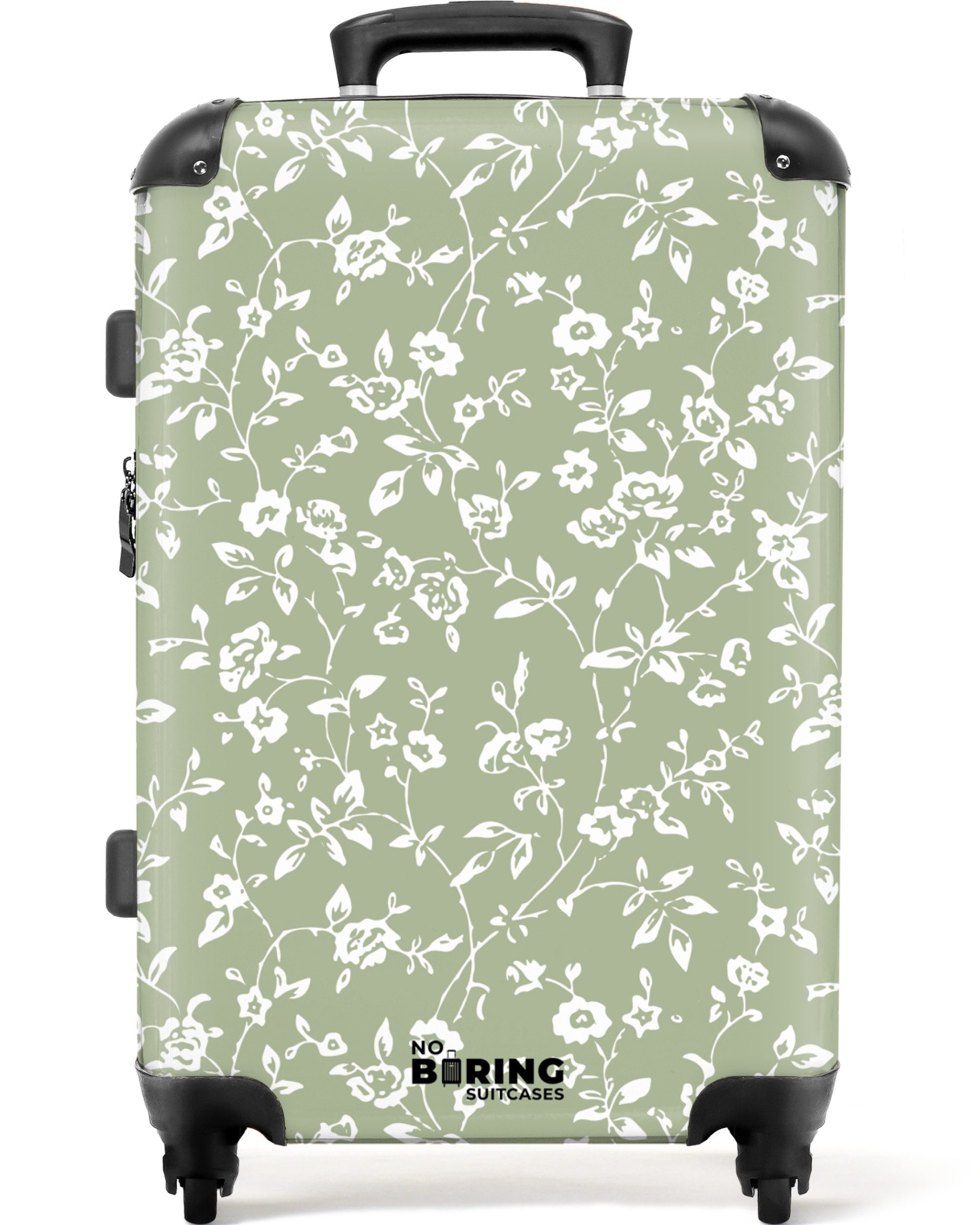 NoBoringSuitcases.com© Hartschalen-Trolley Hellgrün mit weißen Blüten günstig online kaufen