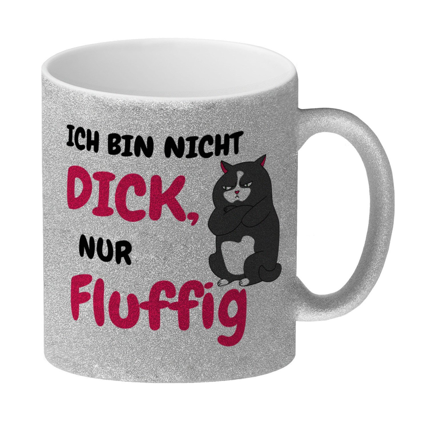 Tasse Katzen Glitzer-Kaffeebecher mit Spruch Ich bin nicht dick, nur fluffig