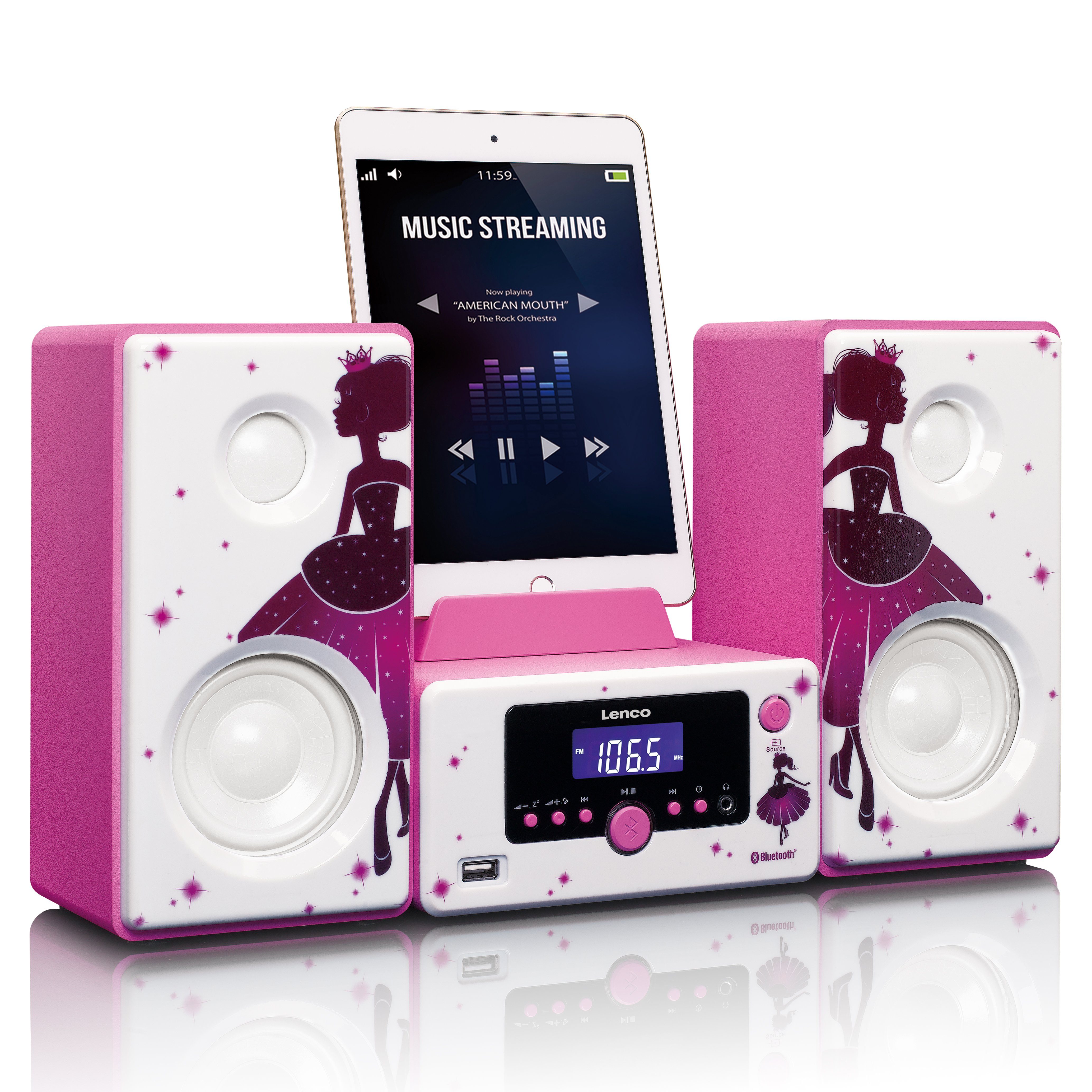 Lenco MC-020 Princess Stereoanlage (FM, 8 W, Stereoset mit USB, AUX, Bluetooth & Weckerfunktion in zwei Designs)