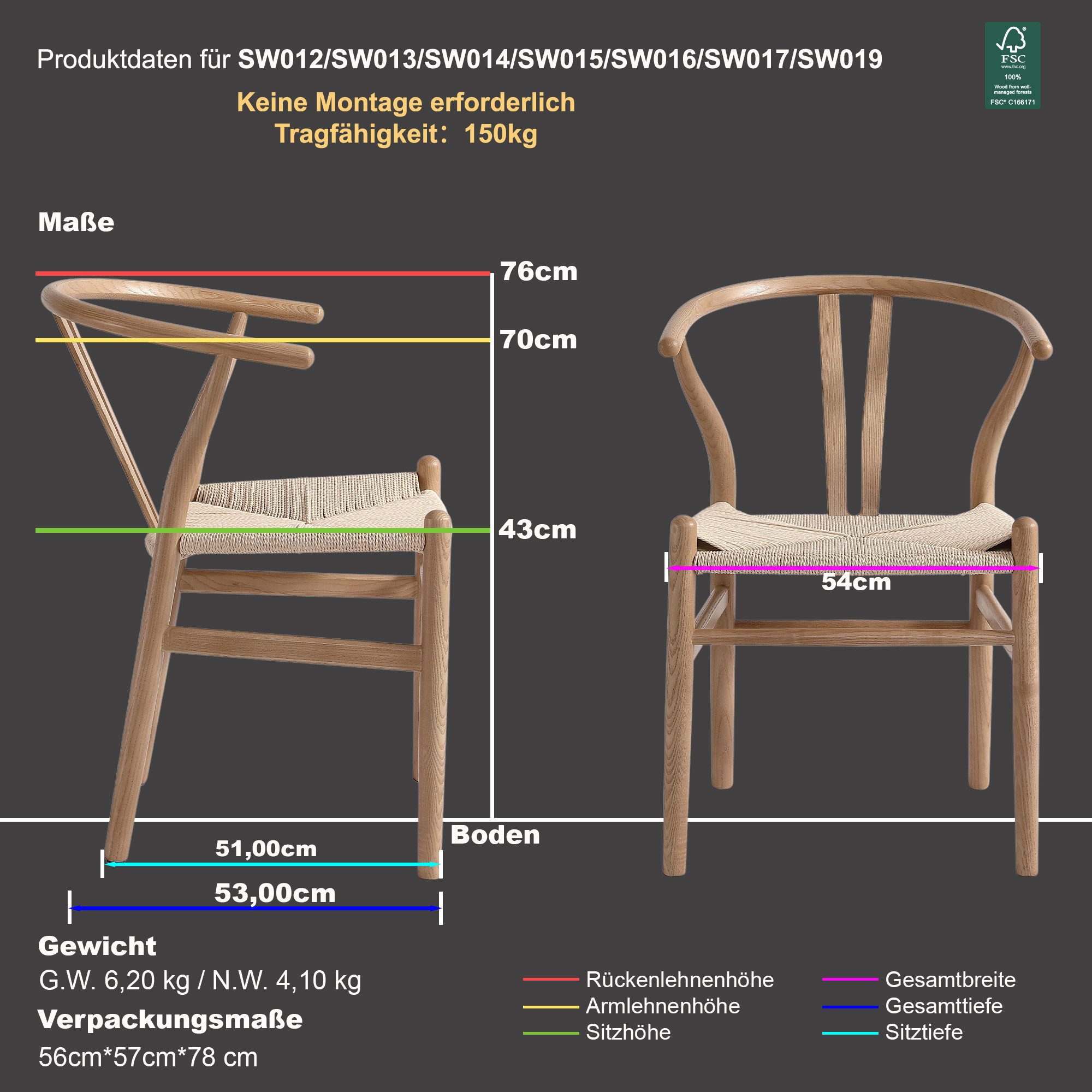LIVIHOME Esszimmerstuhl Massivholz Valora (Set, 2 St), FSC® Armlehnstuhl Massivholz Esche mit Papierseil, Vormontiert