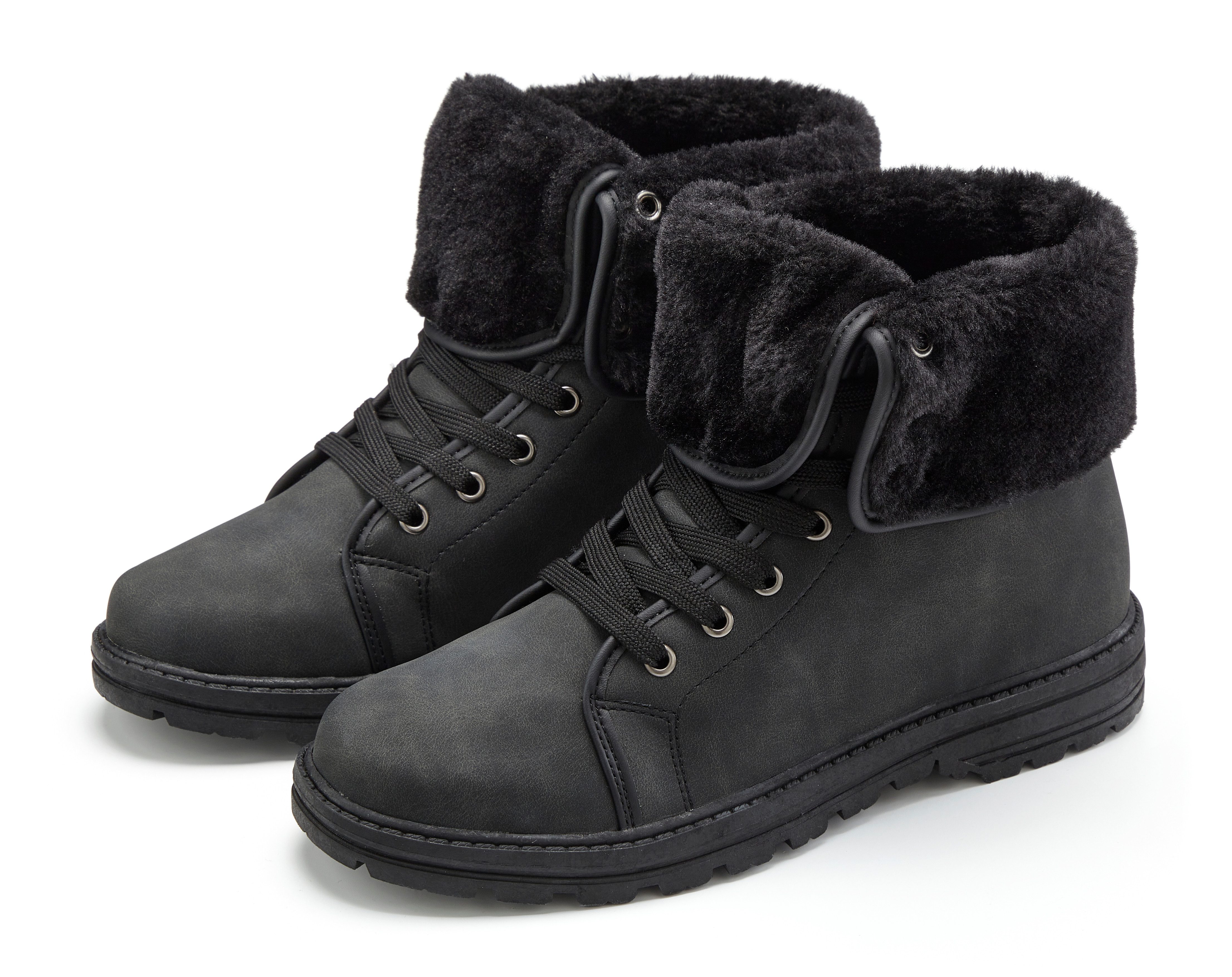 LASCANA Boots, Stiefel, Stiefelette NEU mit Fellimitat-Applikation in 2 Schafthöhen tragbar VEGAN