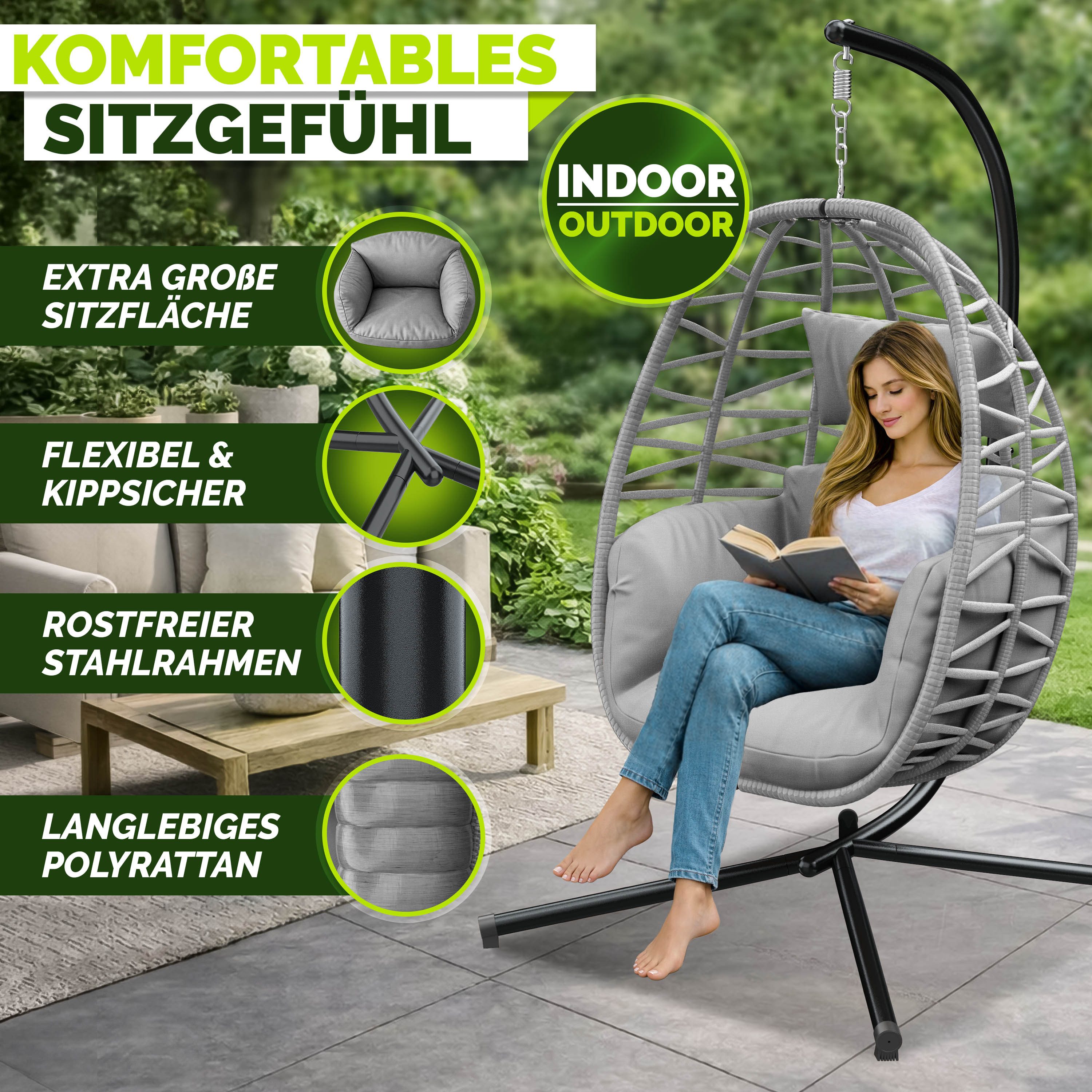 tillvex Hängesessel tillvex® Swivo Hängesessel mit Gestell inkl. wetterfester Abdeckung (Hängekorb klappbar bis 150 kg, Hängesitz aus Rattan, Hängestuhl für Indoor Garten Balkon Terrasse), mit Gestell Outdoor & wetterfester Abdeckung mit Befestigung