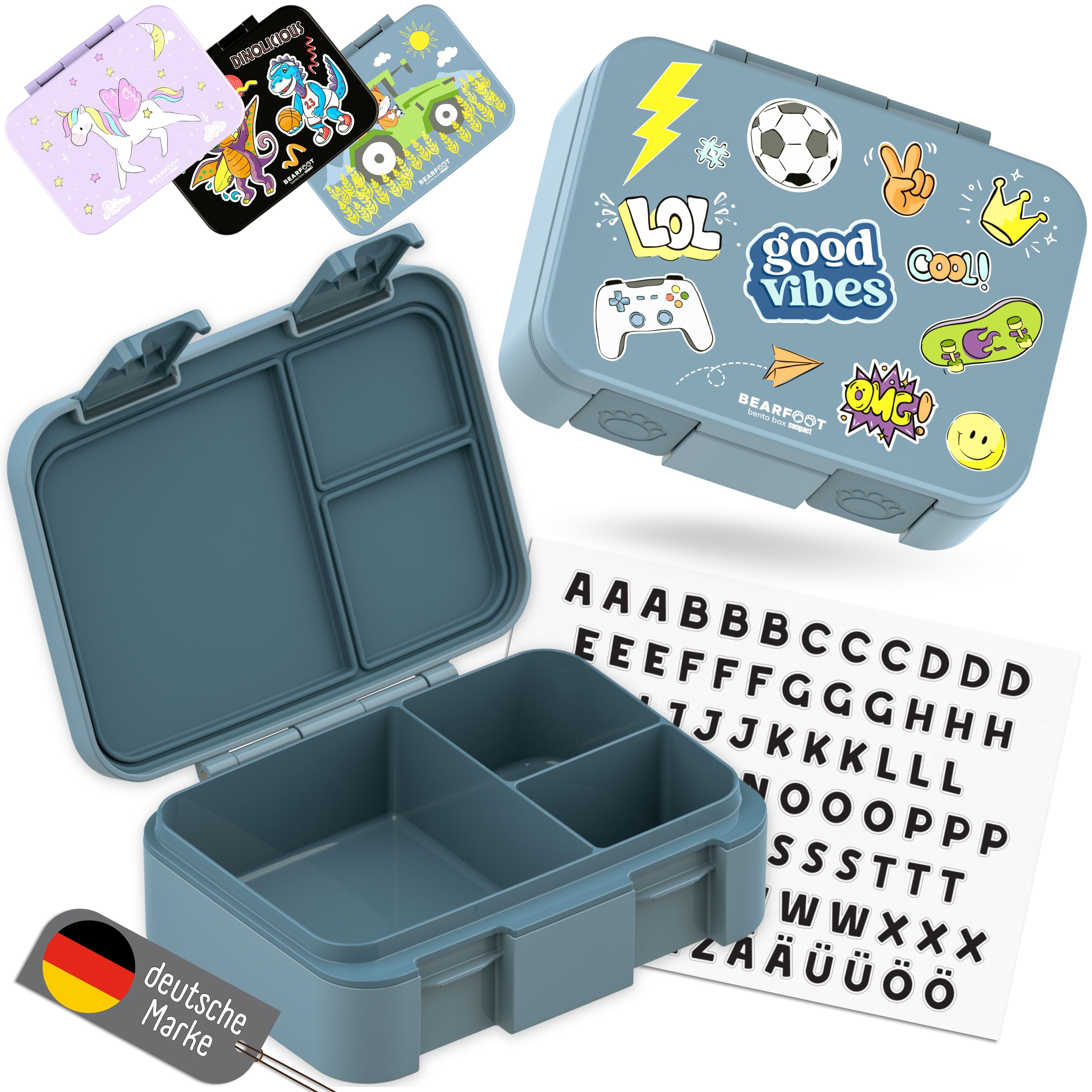 BEARFOOT Lunchbox Brotdose mit Fächern, leicht & auslaufsicher - Sticker blau, PP, ABS, Silikon, Kindergarten und Schule - Mädchen und Jungen, Vesperbox, Snackbox