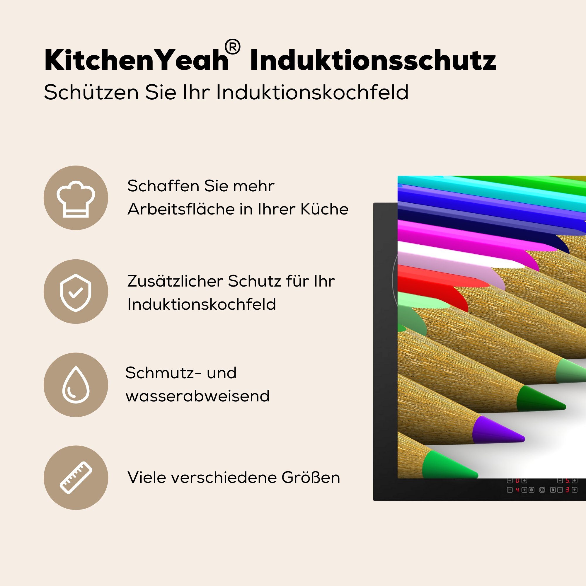 nutzbar, Vinyl, Bleistiften, Mobile Arbeitsfläche Ceranfeldabdeckung 70x52 bunten MuchoWow cm, (1 Herdblende-/Abdeckplatte 3D-Illustration tlg), mit