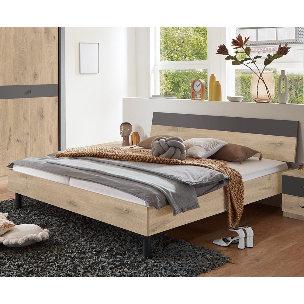 Lomadox Bett BRADFORD-43, Liegefläche 160x200 cm, Eiche mit Graphit