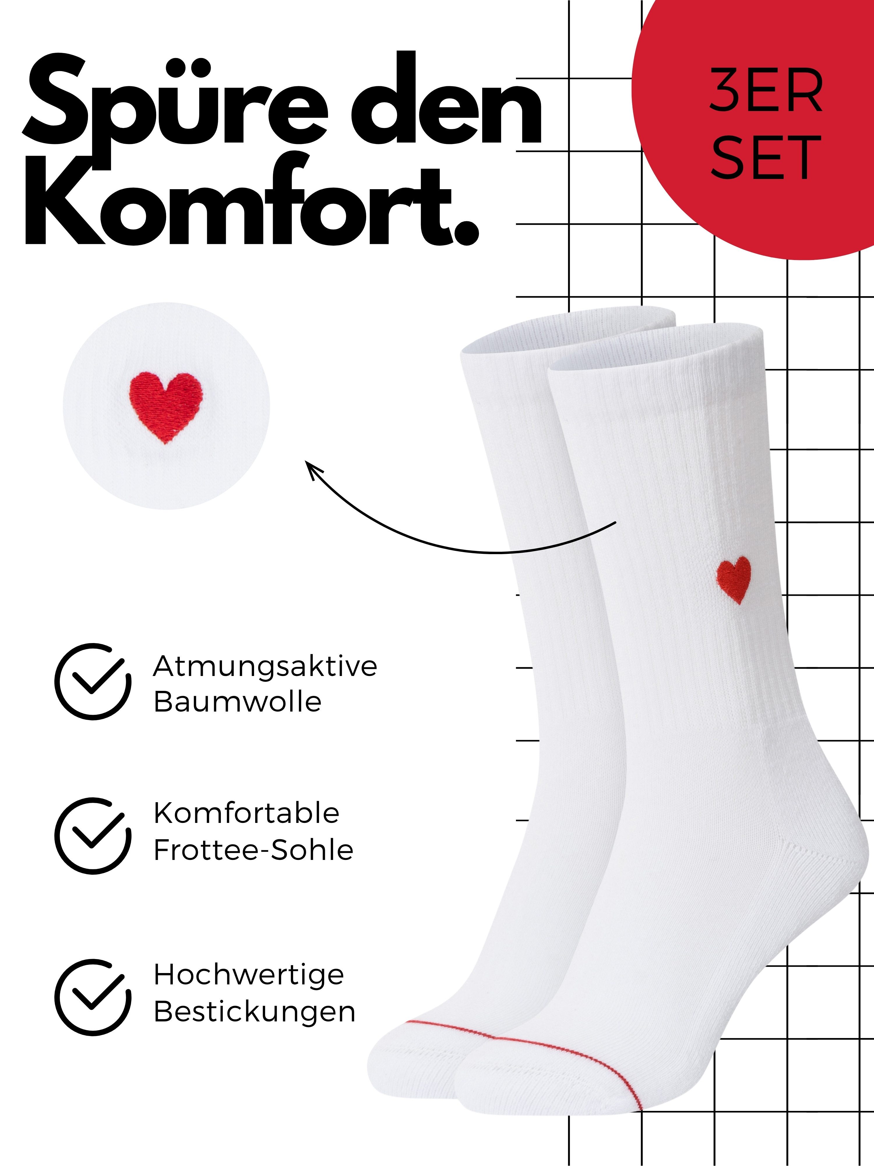 Studio Nolis Tennissocken Herz Socken Baumwolle Damen Crew Socks Stickerei Streifen (Set, 3 Paar)