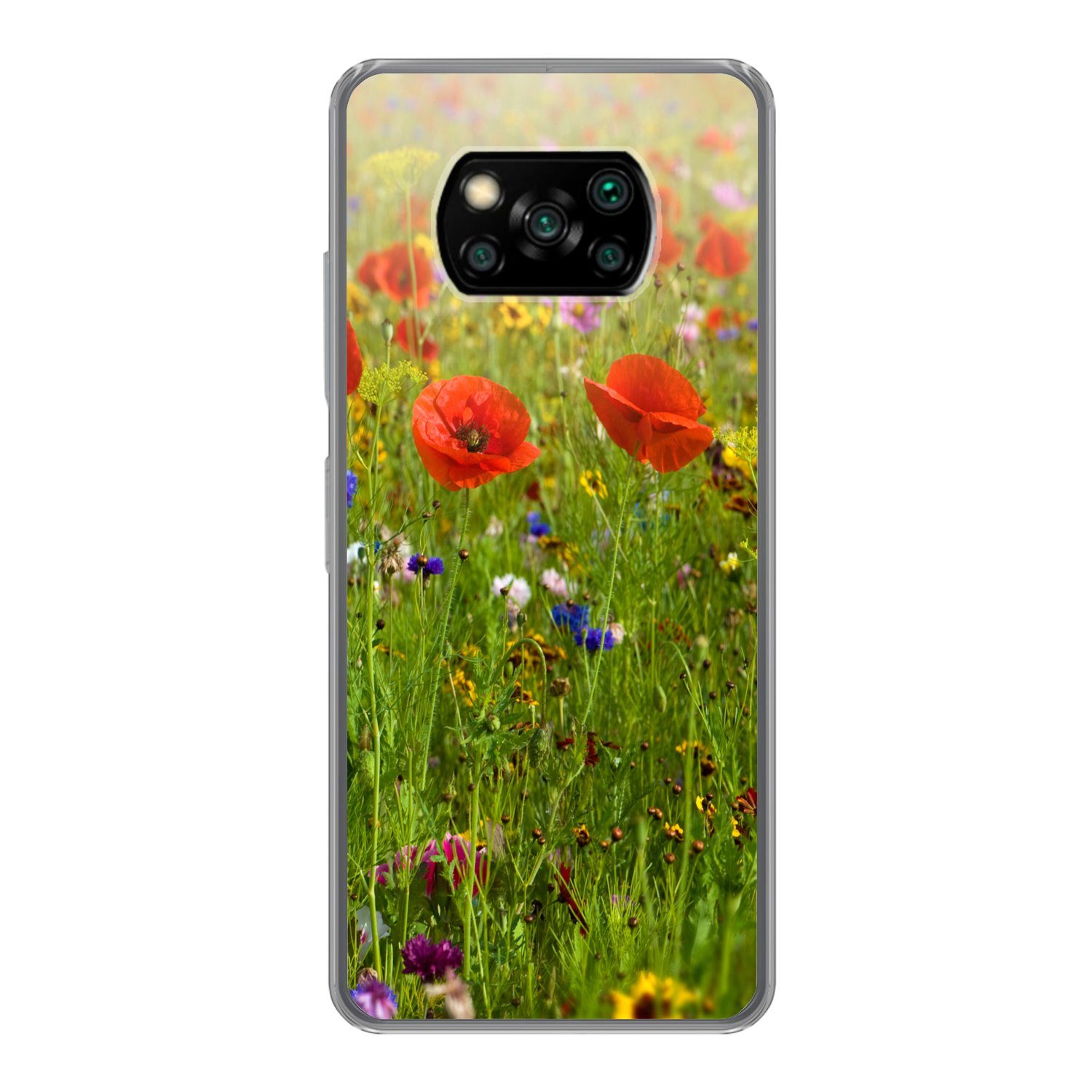 MuchoWow Handyhülle für Xiaomi Poco X3 Pro Frühling - Blumen - Rot - Mohn - Gras - Grün, Phone Case, Silikon, Schutzhülle Dünn