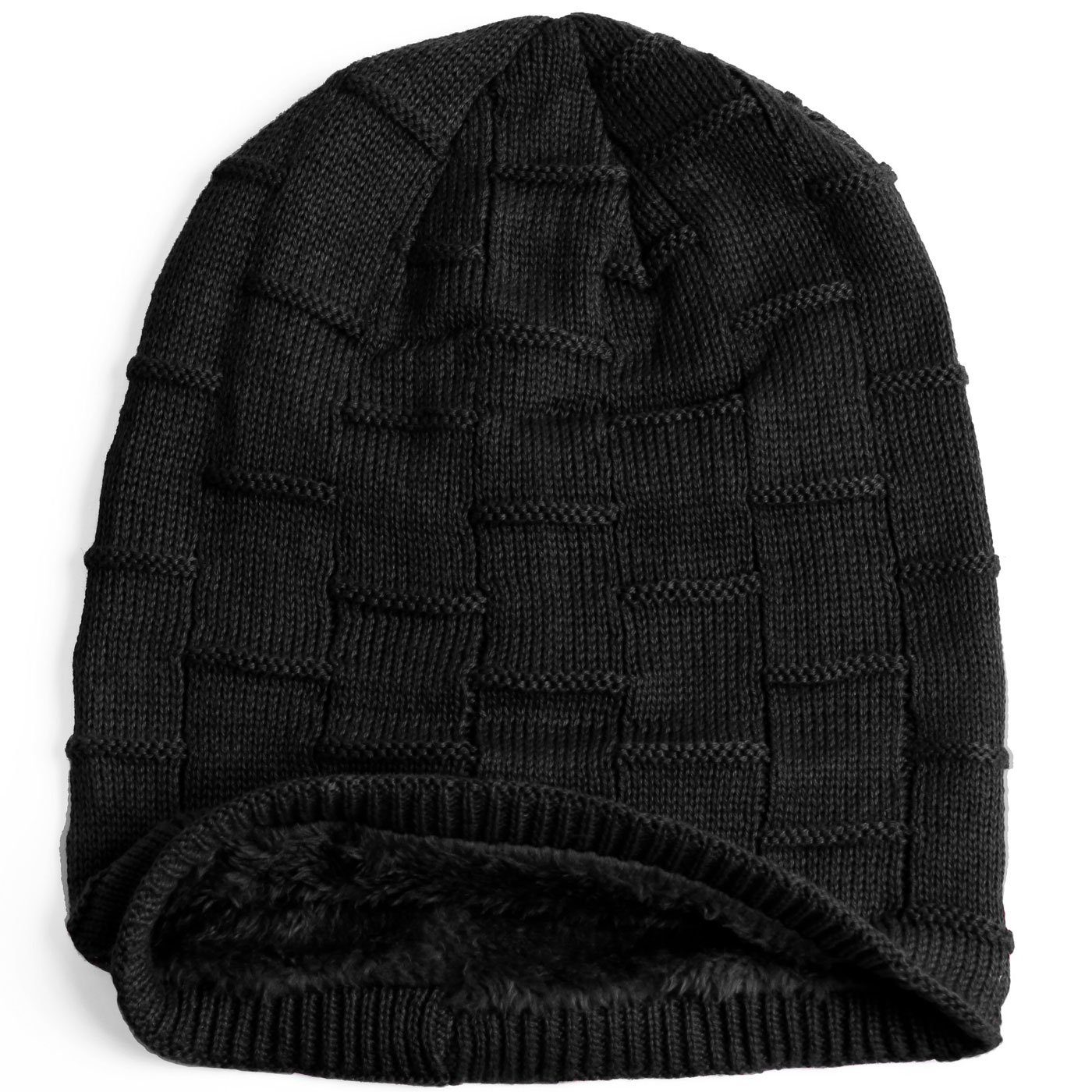 Herbst Damen Herren Mütze Haube Beanie (1-St) compagno Strickmütze Gefütterte Wintermütze Winter schwarz