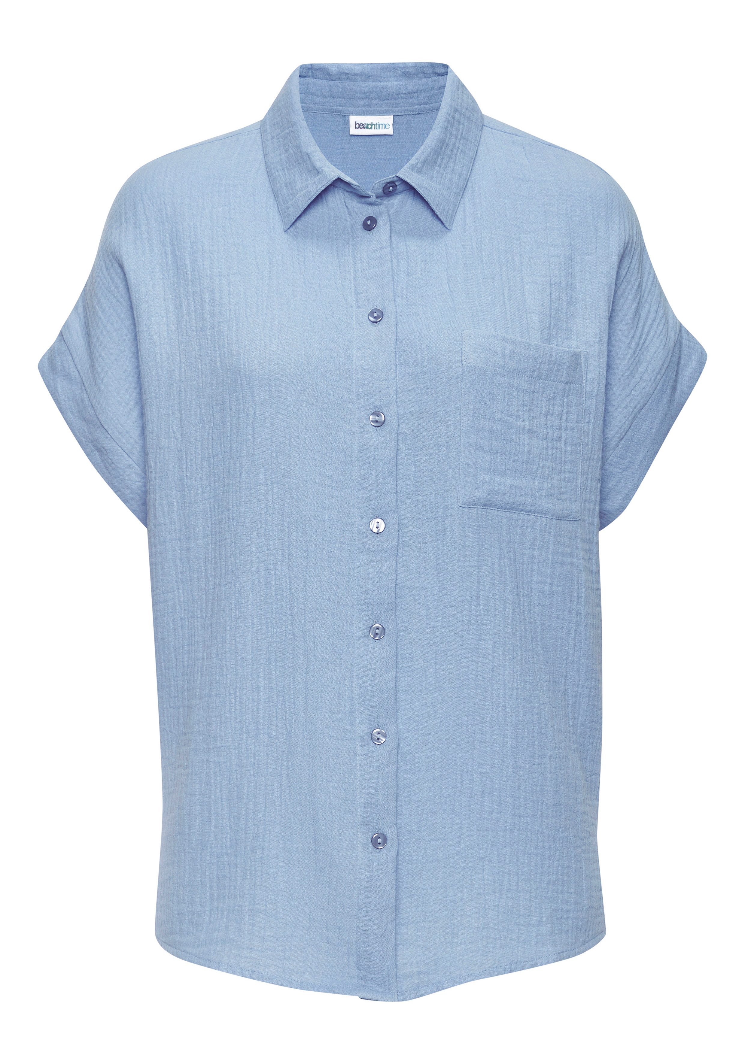Beachtime Kurzarmbluse aus weicher Musselinware Sommerliche Musselinbluse, Hemdbluse, leichte Sommerbluse, Oversize. € 29,99