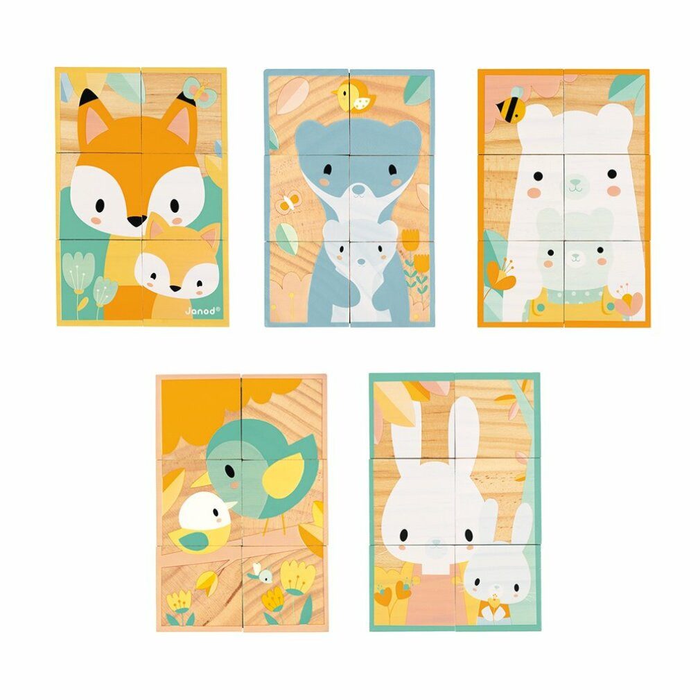 Janod Puzzle Holzwürfel Tiere mit Jungtieren, 6 Würfel, Puzzleteile