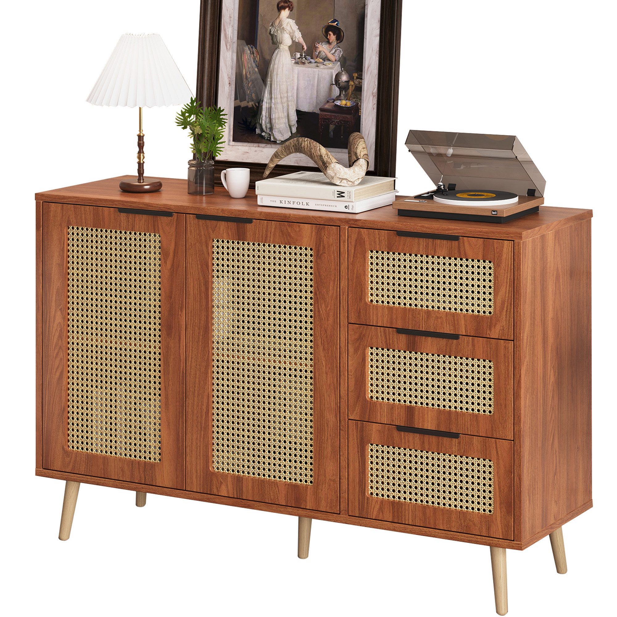 OKWISH Sideboard Vintage Rattan Küchenschrank,mit 2 günstig online kaufen