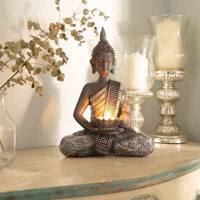INtrenDU Buddhafigur Buddha mit Teelichthalter 30cm, mit Strassbestückter Schärpe