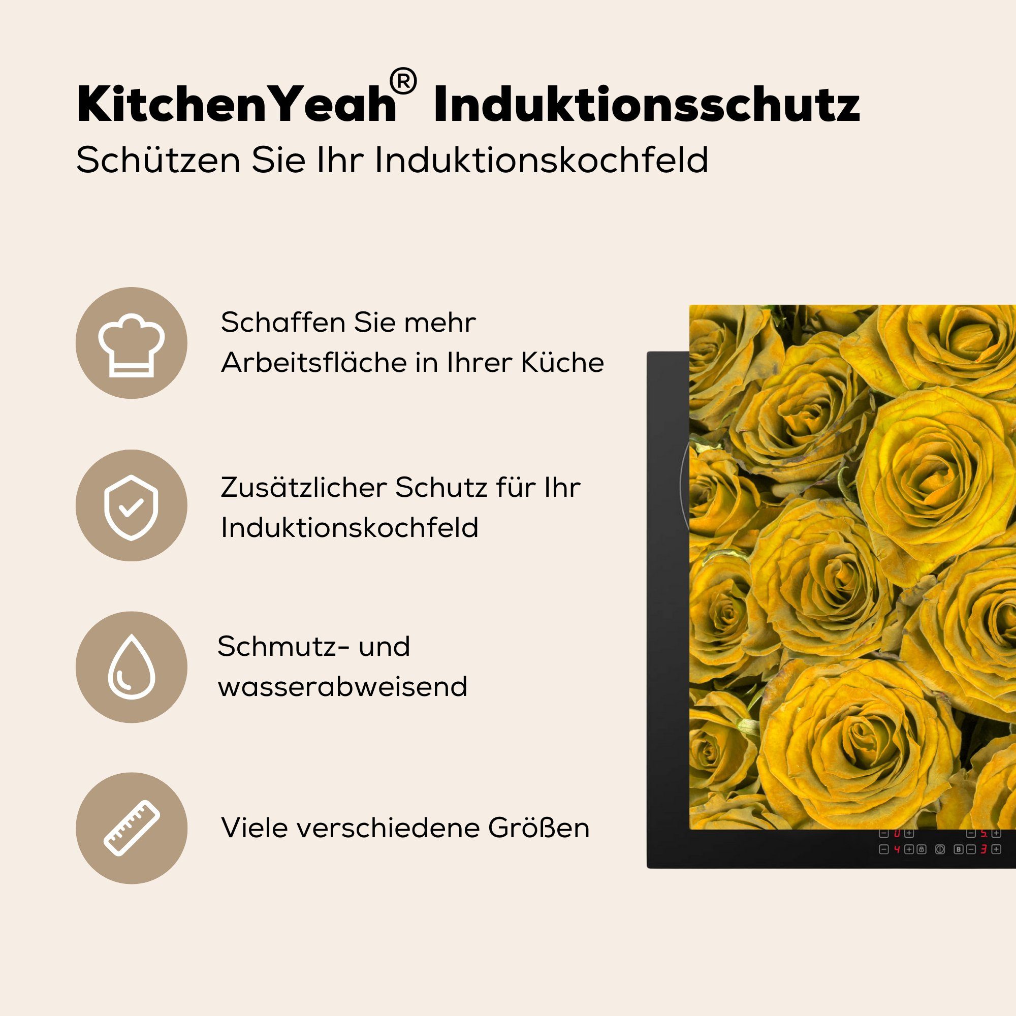MuchoWow Herdblende-/Abdeckplatte Rosen - Gelb Vinyl, (1 die Blumenstrauß, - Induktionskochfeld tlg), Schutz küche, für 81x52 Ceranfeldabdeckung cm