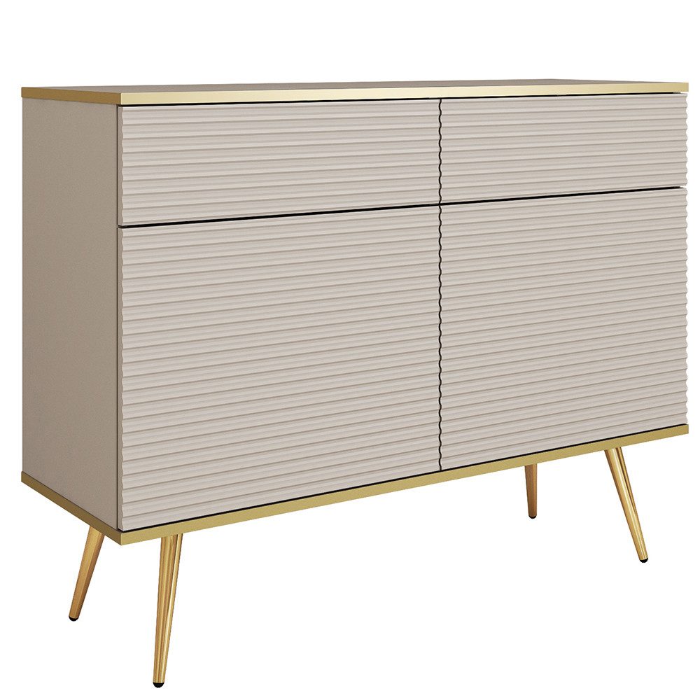 Lomadox Kommode OLOVO-160, Beige, goldfarbene Kanten & Metallbeine, grifflos